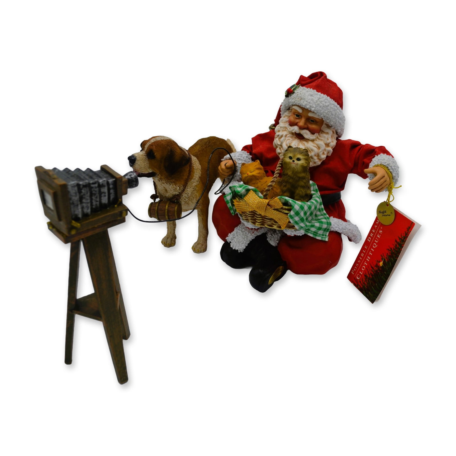 Possible Dreams Clothique Perfect Picture Christmas Santa Figurine, 1999, OB: Possible Dreams presents The Clothique Perfect Picture Christmas Santa Figurine. A Limited Edition Santa seated with a basket of two kittens, taking a self portrait with a camera on a tripod, directly