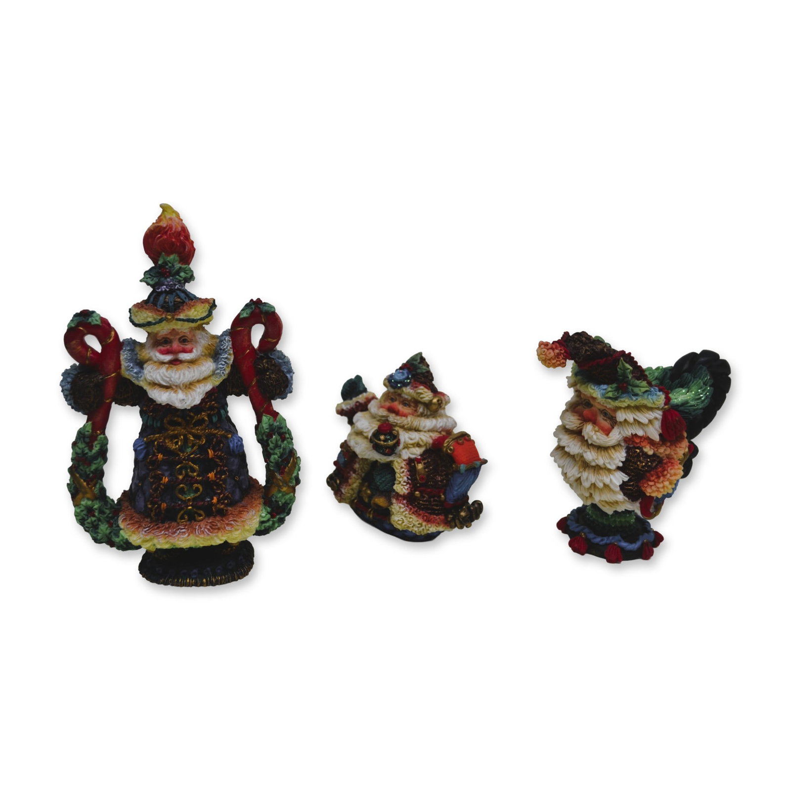 3Pc Possible Dreams Crinkle Claus Pitcher, Tea Pot and Lyre Figurines, 1998-99: Hand crafted, hand painted by the Artists of Possible Dreams, Ltd., featuring the Crinkle Claus Collection. A three (3) Piece Collection consisting of the following. 1) Teapot Crinkle, Design Number: 