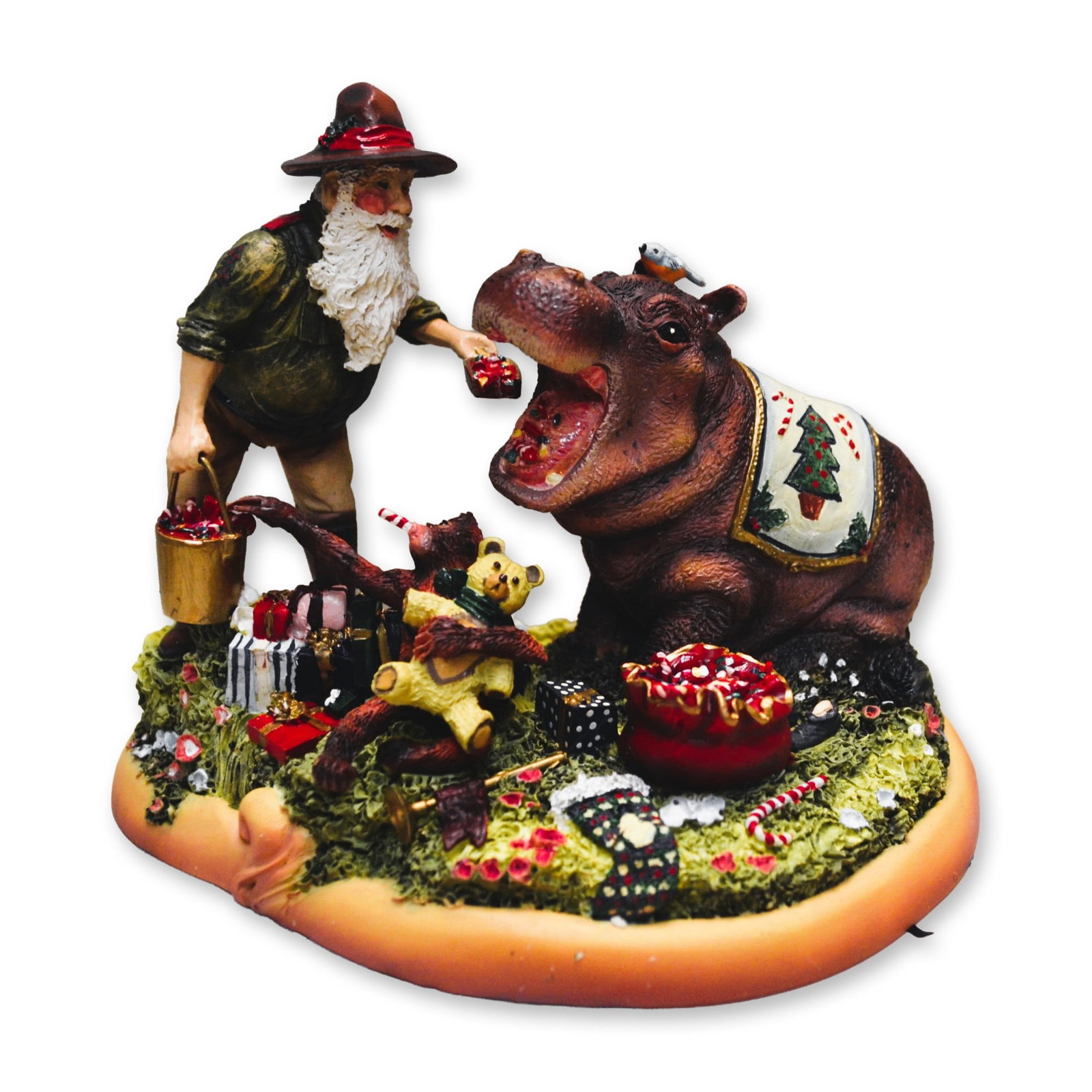 Maruri USA LE Santa's World Travels "Hippo Fill'er Up" Sculpture, 1999: Maruri USA presents The Santa's World Travels Collection, hand created, hand painted by the World Famous Maruri Artisans featuring The "Hippo Fill'er Up!" Sculpture. Santa's fueling a baby hippo with 