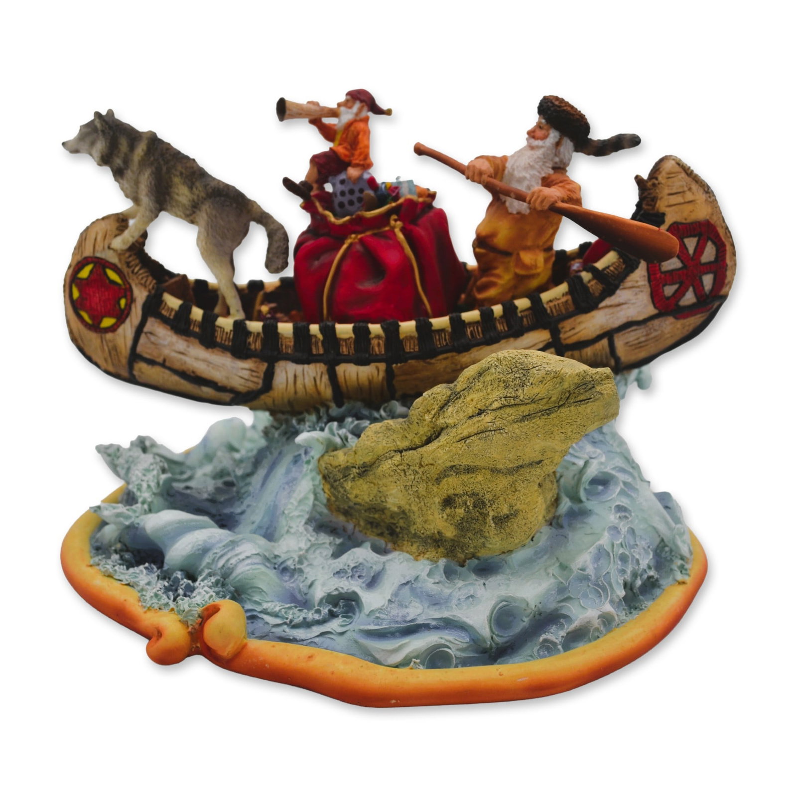 Maruri USA LE Santa's World Travels "Rapid Delivery" Sculpture, 1997: Maruri USA presents The Santa's World Travels Collection, hand created, hand painted by the World Famous Maruri Artisans featuring "Rapid Delivery" Sculpture. As Santa skillfully paddles an Indian can