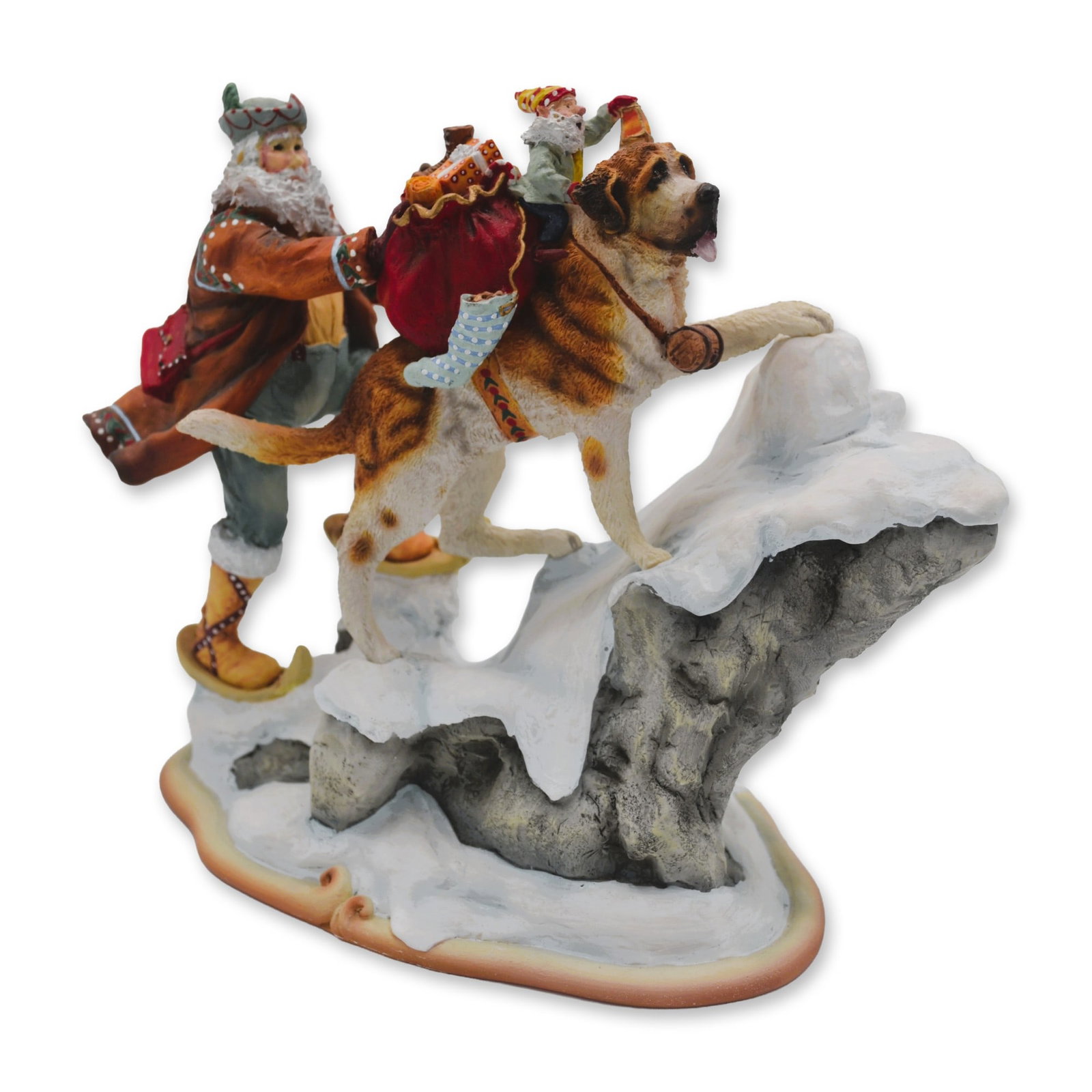 Maruri USA LE Santa's World Travels "Trusted Friend" Sculpture, 1996: Maruri USA presents The Santa's World Travels Collection, hand created, hand painted by the World Famous Maruri Artisans featuring "Trusted Friend" Sculpture. Aided by a friendly St. Bernard and a lan
