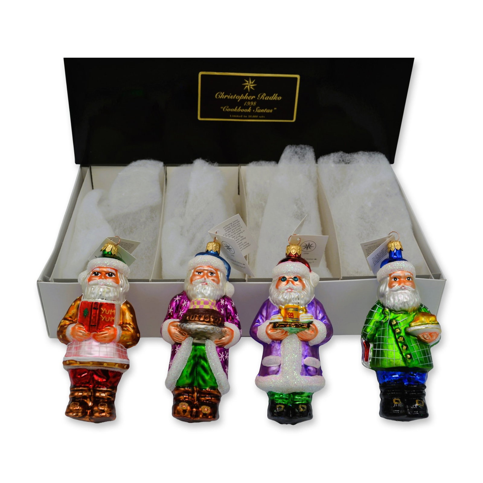 4Pc Christopher Radko LE Ornaments CookBook Santas, 1998, W/Box: 4 Piece Set featuring The Christopher Radko LE Ornaments CookBook Santas, with Original Box. A limited edition of 10,000 sets. This is # 791/10,000 featuring Four enchanting Santas serving up Gourmet 