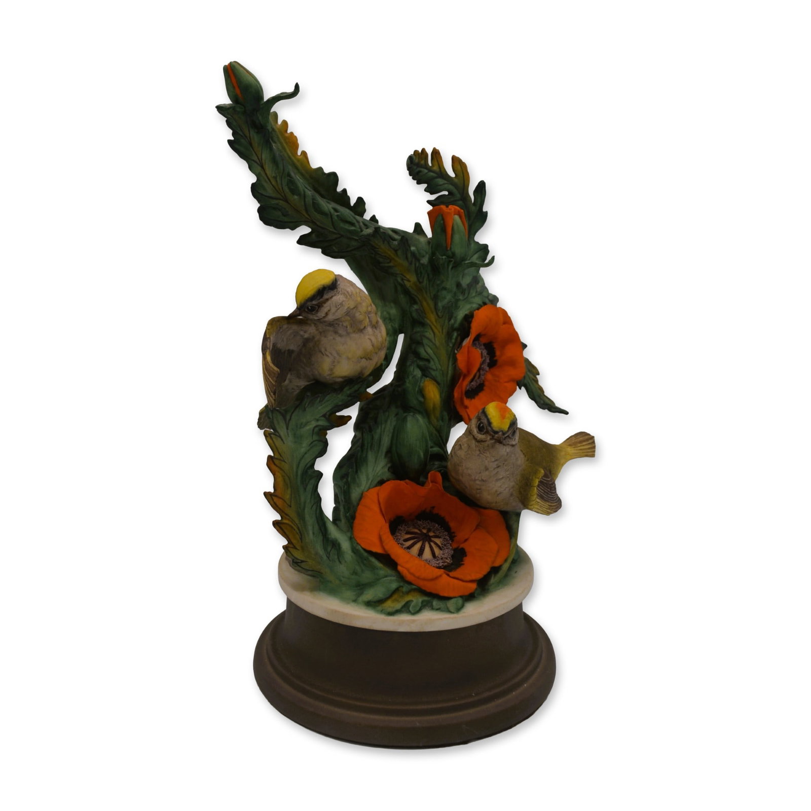 Boehm Porcelain LE Golden-Crown Kinglets Sculpture, Model Sample, 1956: Bisque Porcelain Decorated, hand created, hand painted Model Sample by the Boehm Studio in the USA. The Regular Edition is Hallmarked: 419. Introduced in 1956, an Edition of 494 sculptures. The Limite