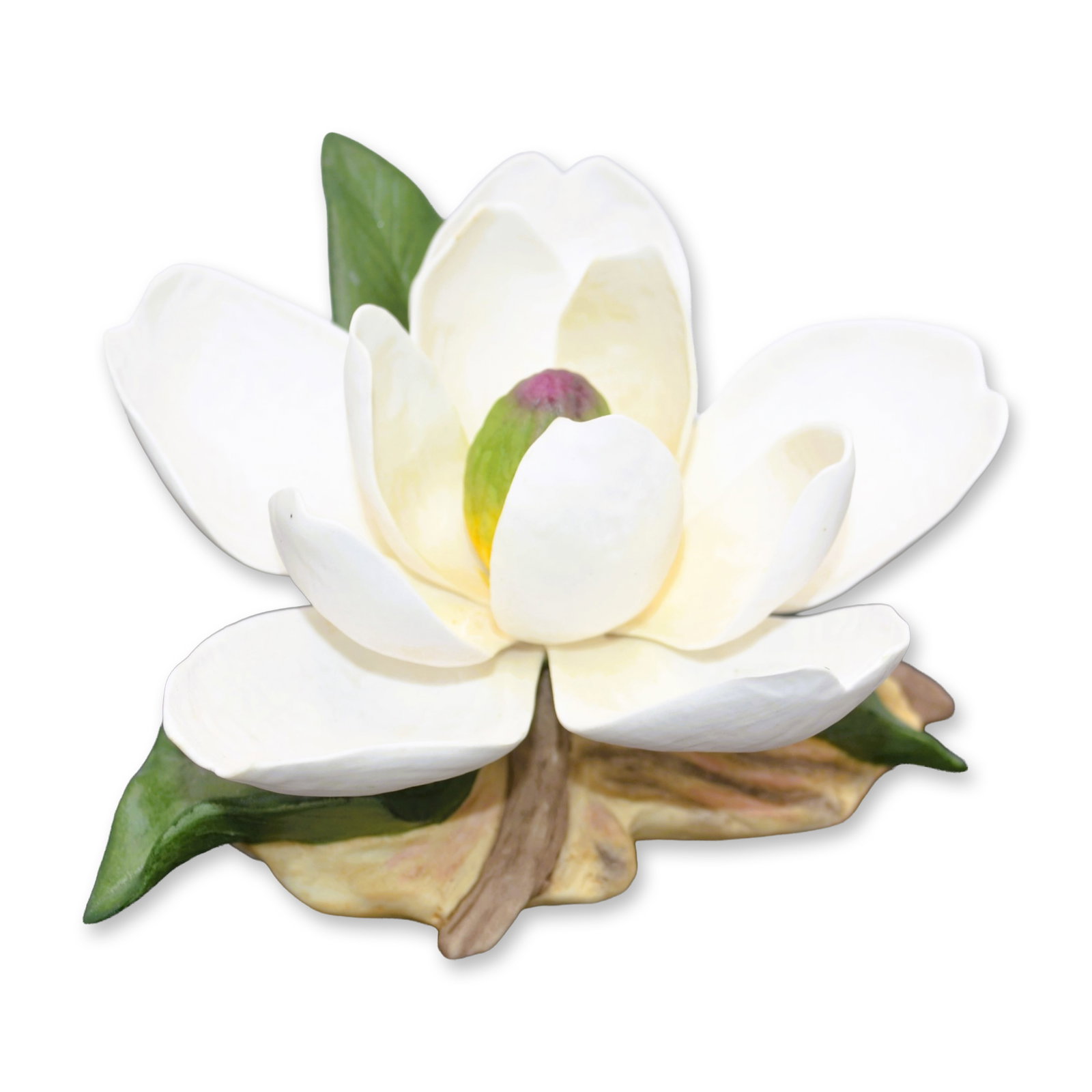 Boehm Porcelain Dixie Magnolia Floral Sculpture, 1995: Bisque Porcelain Decorated, hand created, hand painted by the Artists of the Boehm Studio in Trenton, NJ. USA. Hallmark: F374. Introduced in 1996. A closed and sold out edition. Authentic Boehm Backst