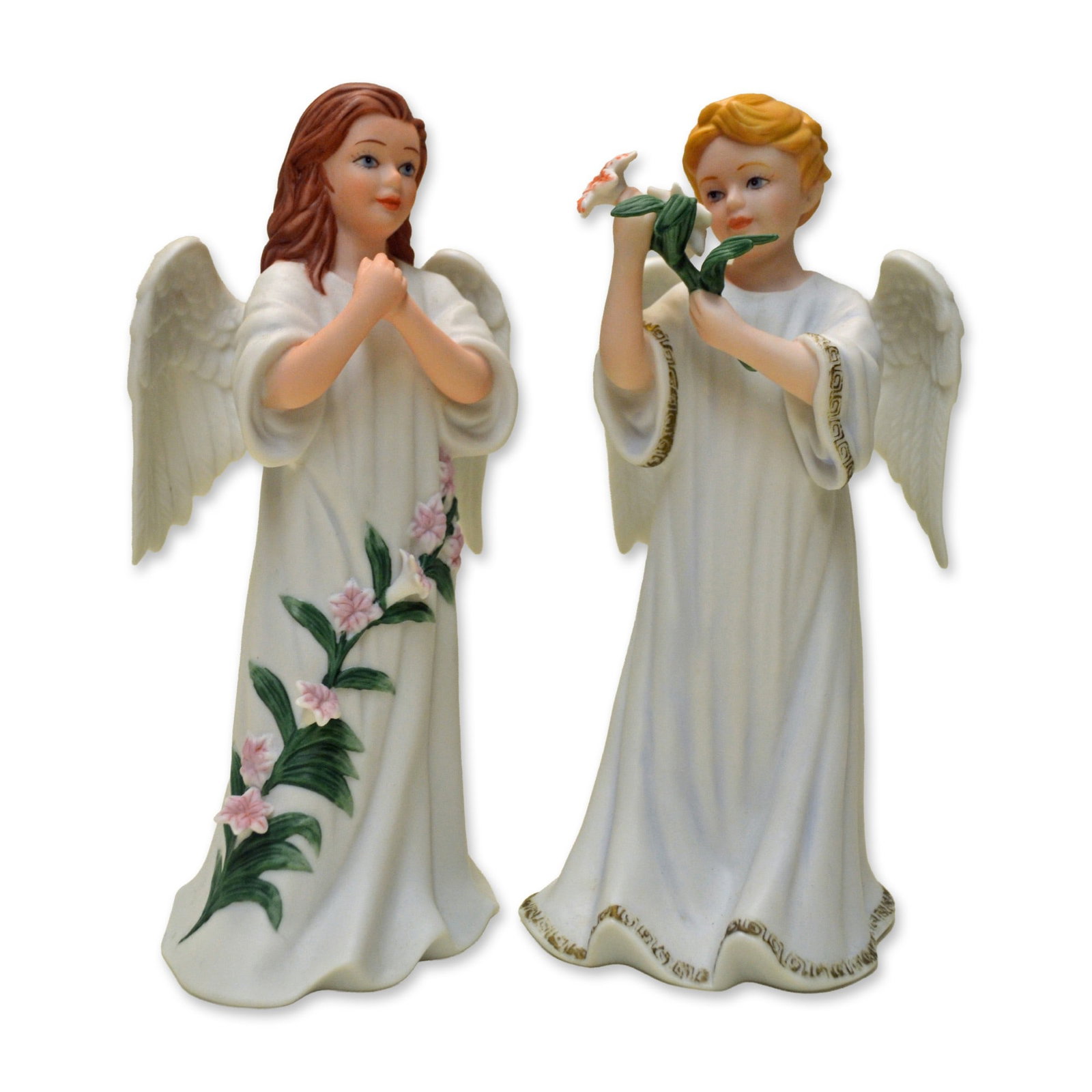 2Pc RNR Muriel & Michael Porcelain Angel Figurines, 2006: Bisque Porcelain Decorated, hand created, hand painted Pair of Angels featuring "Michael" Strength of God Angel Figurine and "Muriel" Angel of Emotions from the Inspirational Collection, RNR Gifts. Ha
