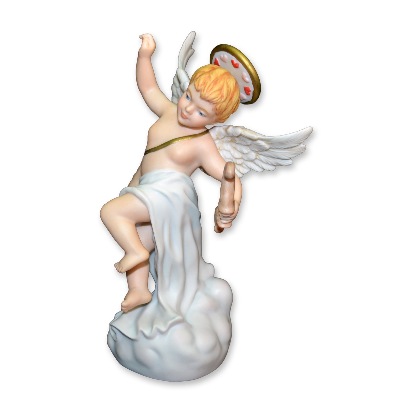 RNR Porcelain Cupid Of Love Angel Figurine, 2006: Bisque Porcelain Decorated, hand created, hand painted Cupid of Love Angel Figurine, Wings spread, from the Inspirational Collection, by RNR Gifts. Issued: 2006. Hallmark: 19007. Authentic Backstamp o