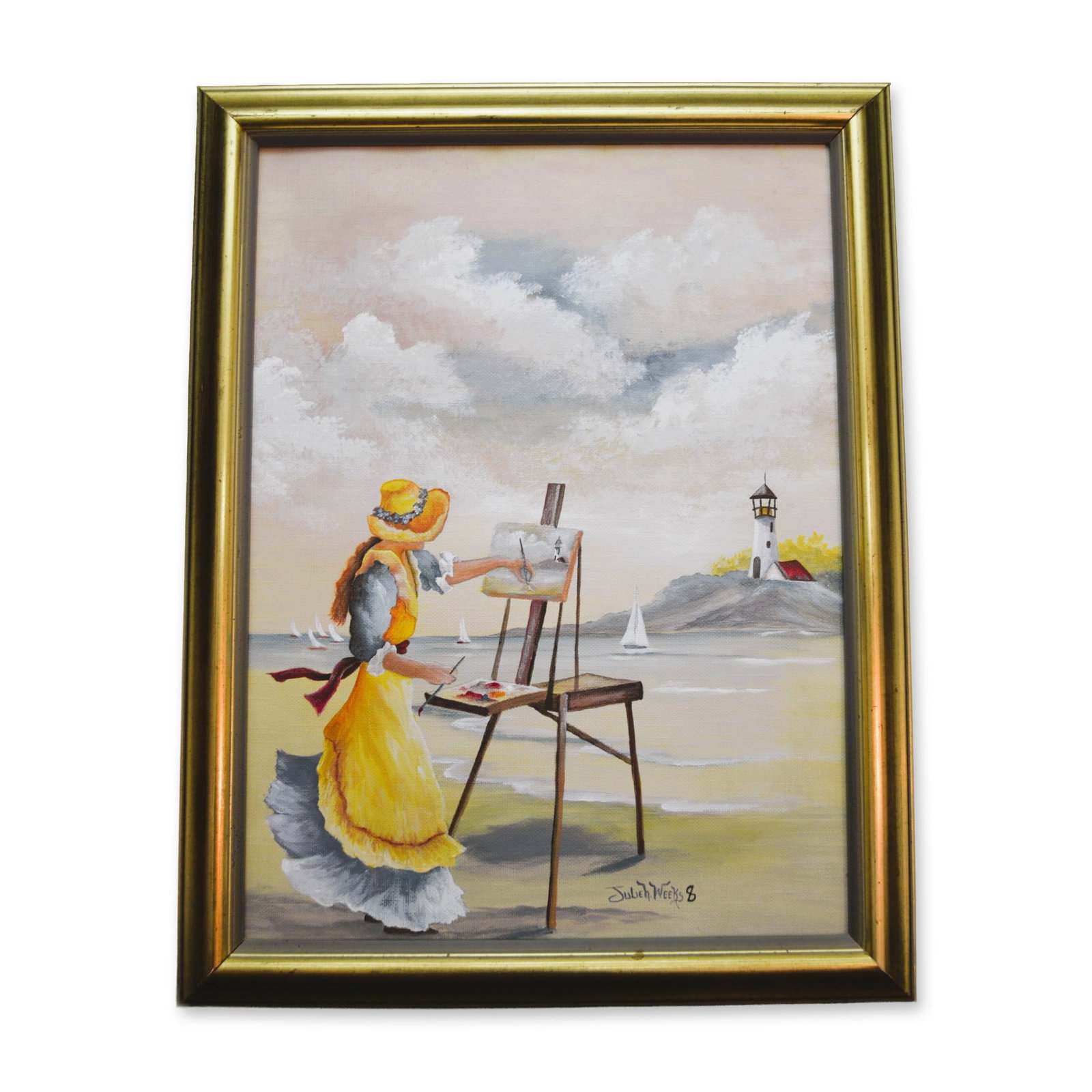 Julieh Weeks Original Oil Painting "Lighthouse At The Shore" On Canvas: Original Oil Painting by Celebrated Artist Julieh Weeks, Signature on Right Lower Corner. Featuring an Artist in her Long Summer Dress and Yellow Hat At The Shore painting "The Lighthouse." Beautiful 