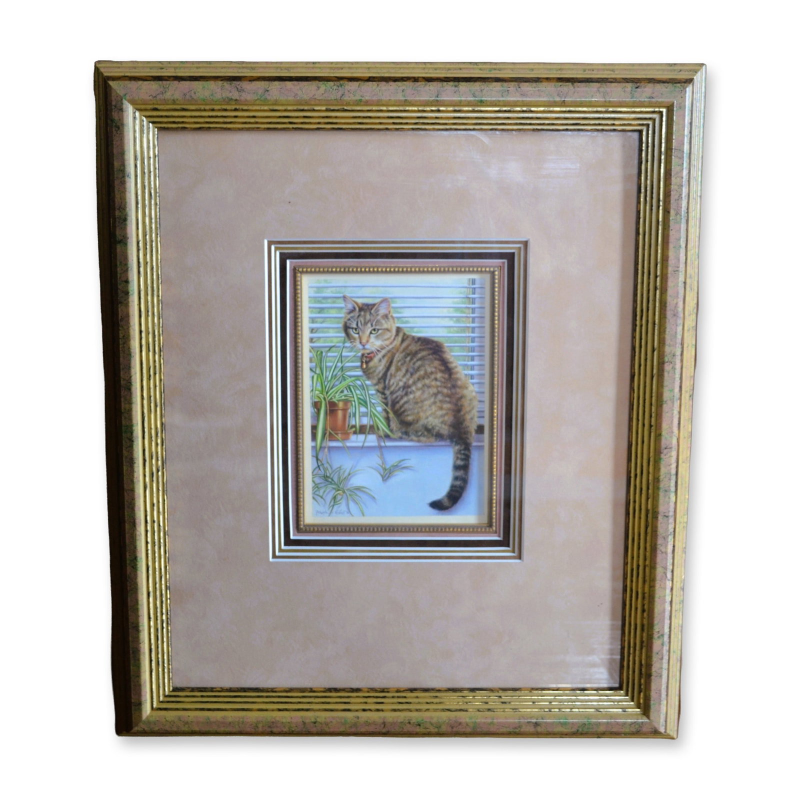 Melanie Glans Original Painting, Cat Seated, Custom Frame, 1991: Melanie Glans, Celebrated Artists Original Cat Seated, Painting. Featuring an Original of a Cat Seated in the Window Sill. A Green plant is present on the side of the Cat. The Artist has created a ver