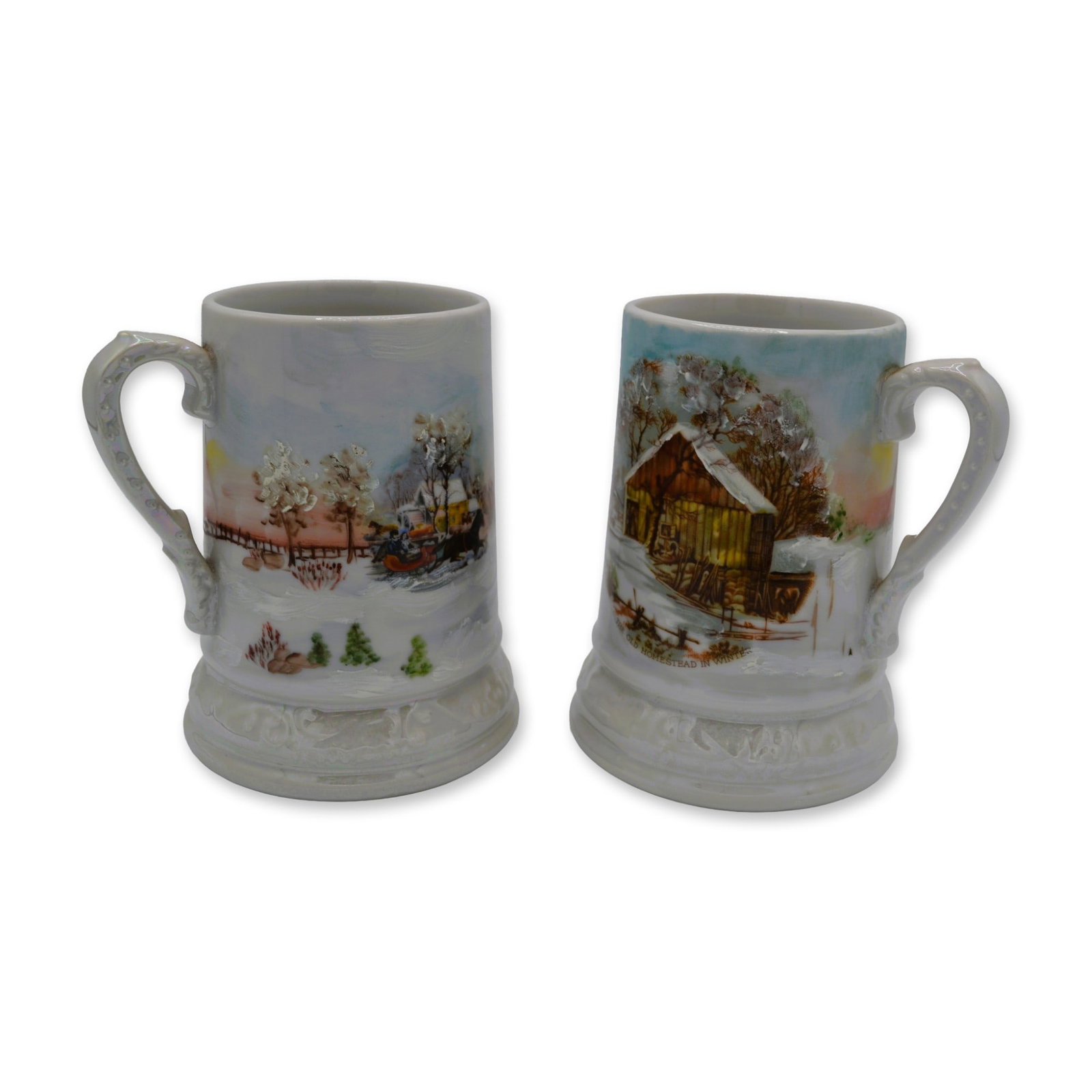 2Pc Porcelain Holiday Mugs Currier and Ives, Signed, 1975 (1 of 4)
