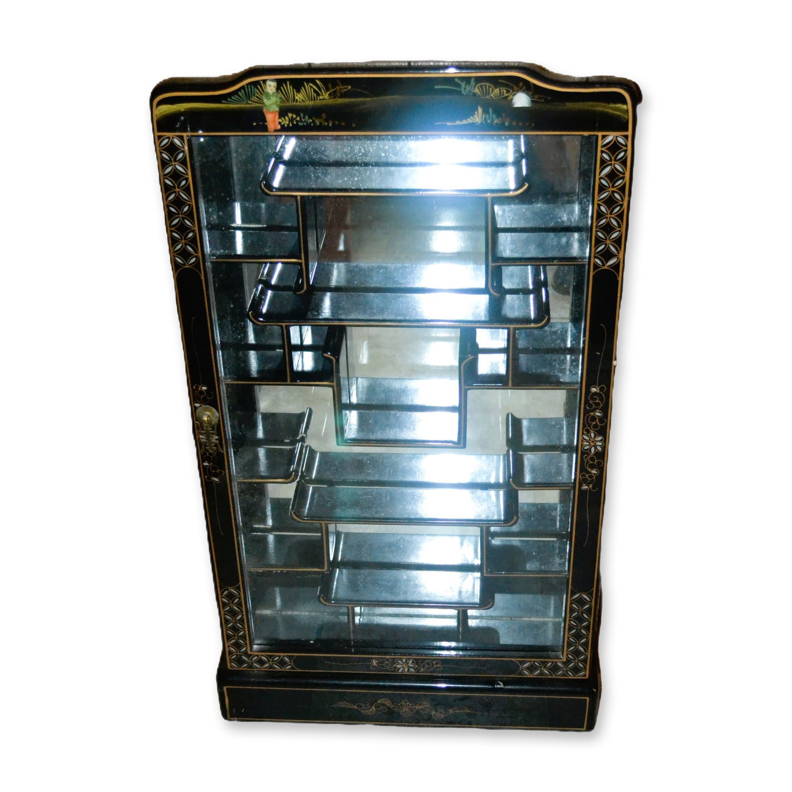 Asian Oriental Black Lacquer Wall Curio W/Mirror Back And Shelving (1 of 6)