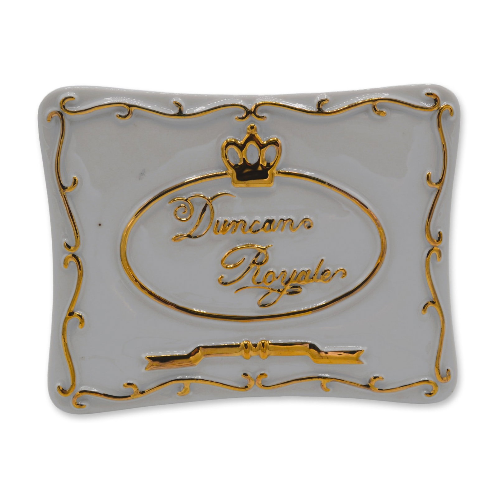 Duncan Royale Porcelain Cabinet Display Advertising Sign, Vintage: Duncan Royale Porcelain Cabinet Display Advertising Sign/Plaque. This Advertising Sign was created by Duncan Royale in Porcelain. White background with applied gold letter set. Discontinued item, no l