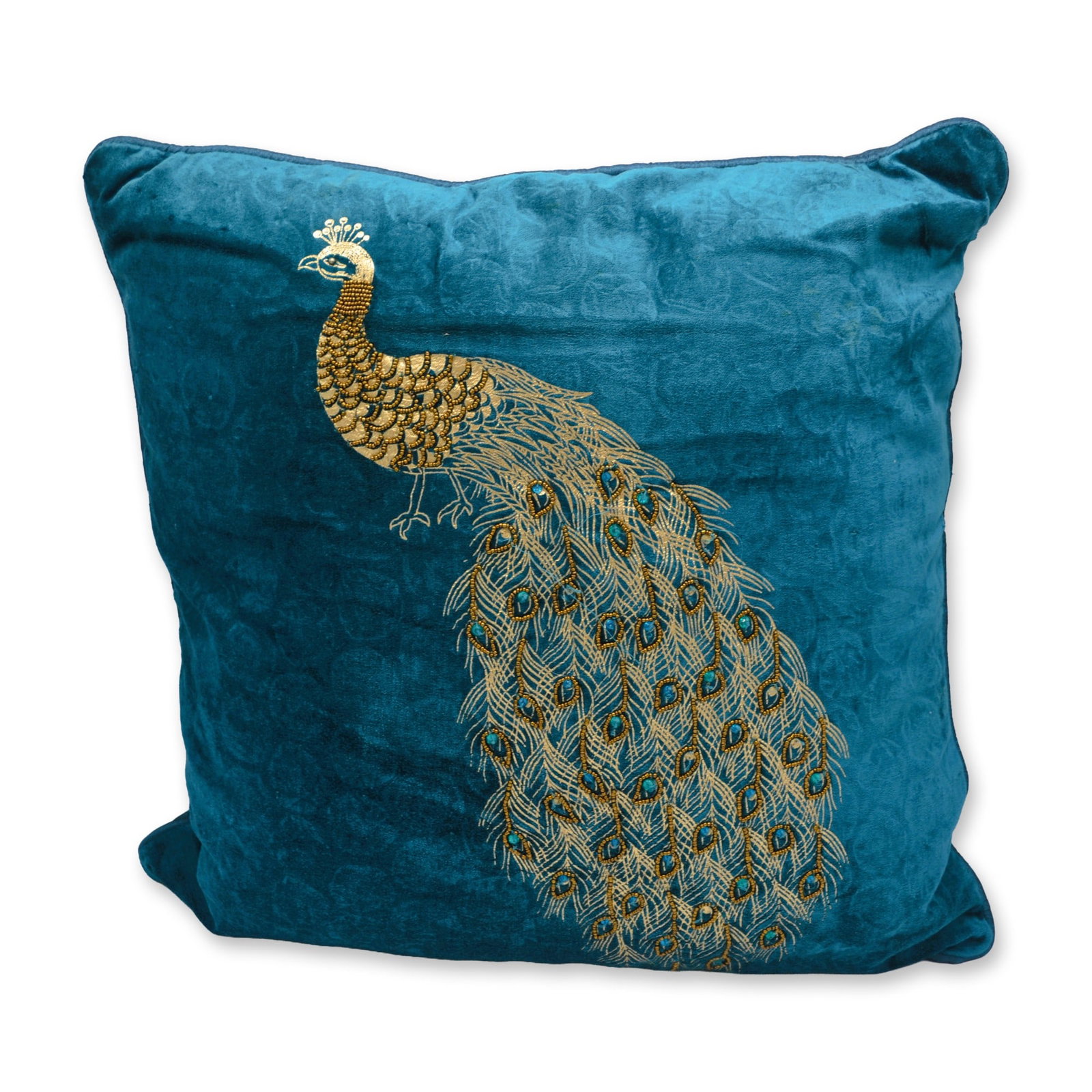 Vintage Aqua Silk & Velvet Custom Pillow W/Gold Stitched Raised Peacock (1 of 4)