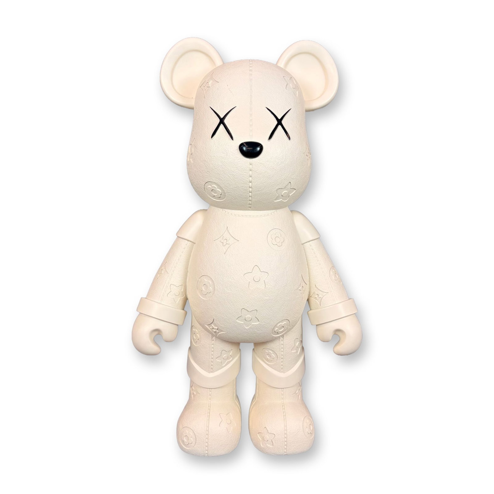 LV Violent Bear Art Sculpture Bearbrick/KAWS style: Contemporary designer toy sculpture in the style of the LV Bear, often categorized as a Violent Bear. The figure is crafted from off-white resin with a pebbled grain texture. The body is decorated wit