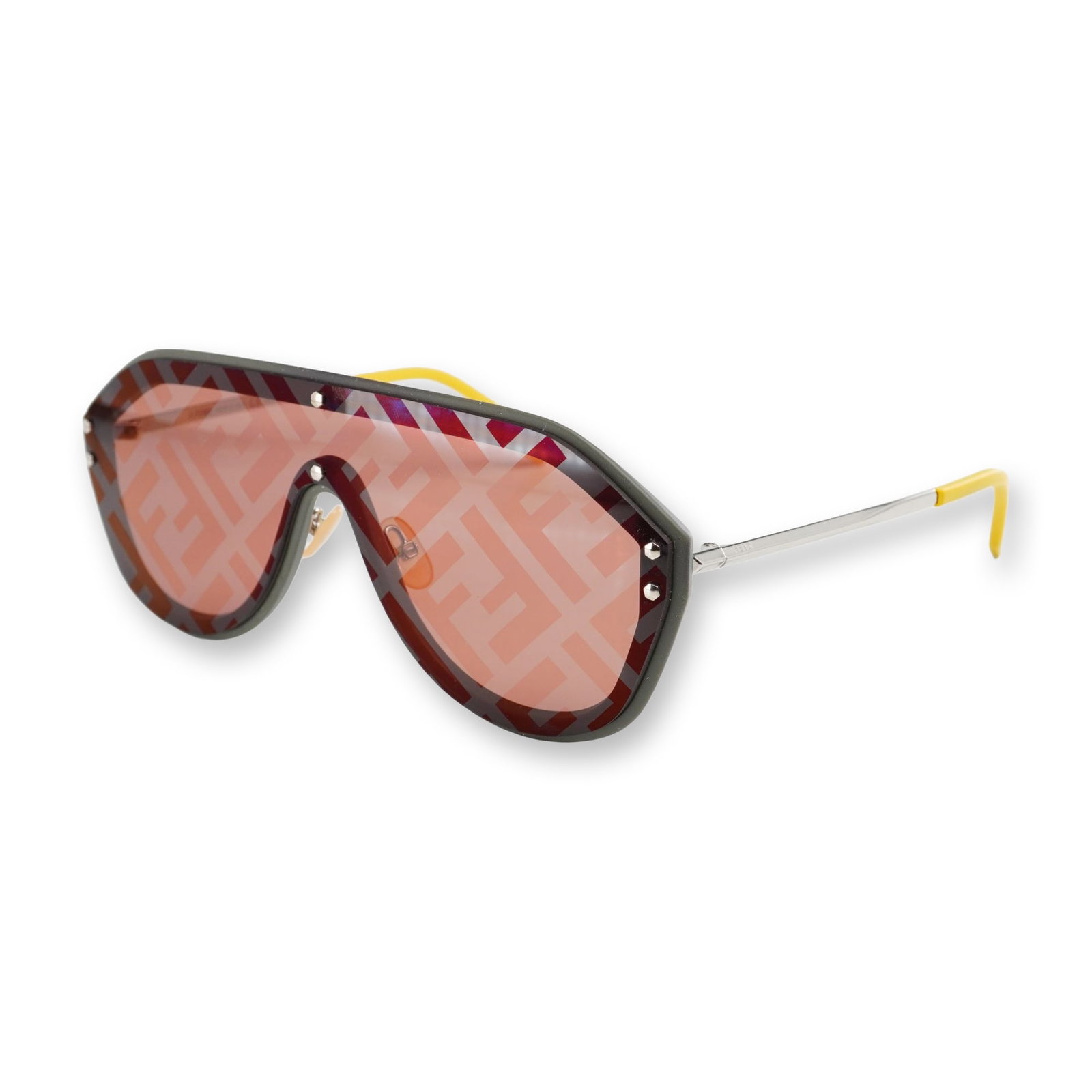Fendi Fabulous FF M0039 Shield Sunglasses with Case: Fendi shield-style sunglasses, model FF M0039/G/S KB77Y, featuring a dark gray matte acetate frame detailed with small silver-tone studs. The single-piece wrap lens is designed with a pinkish-brown ti