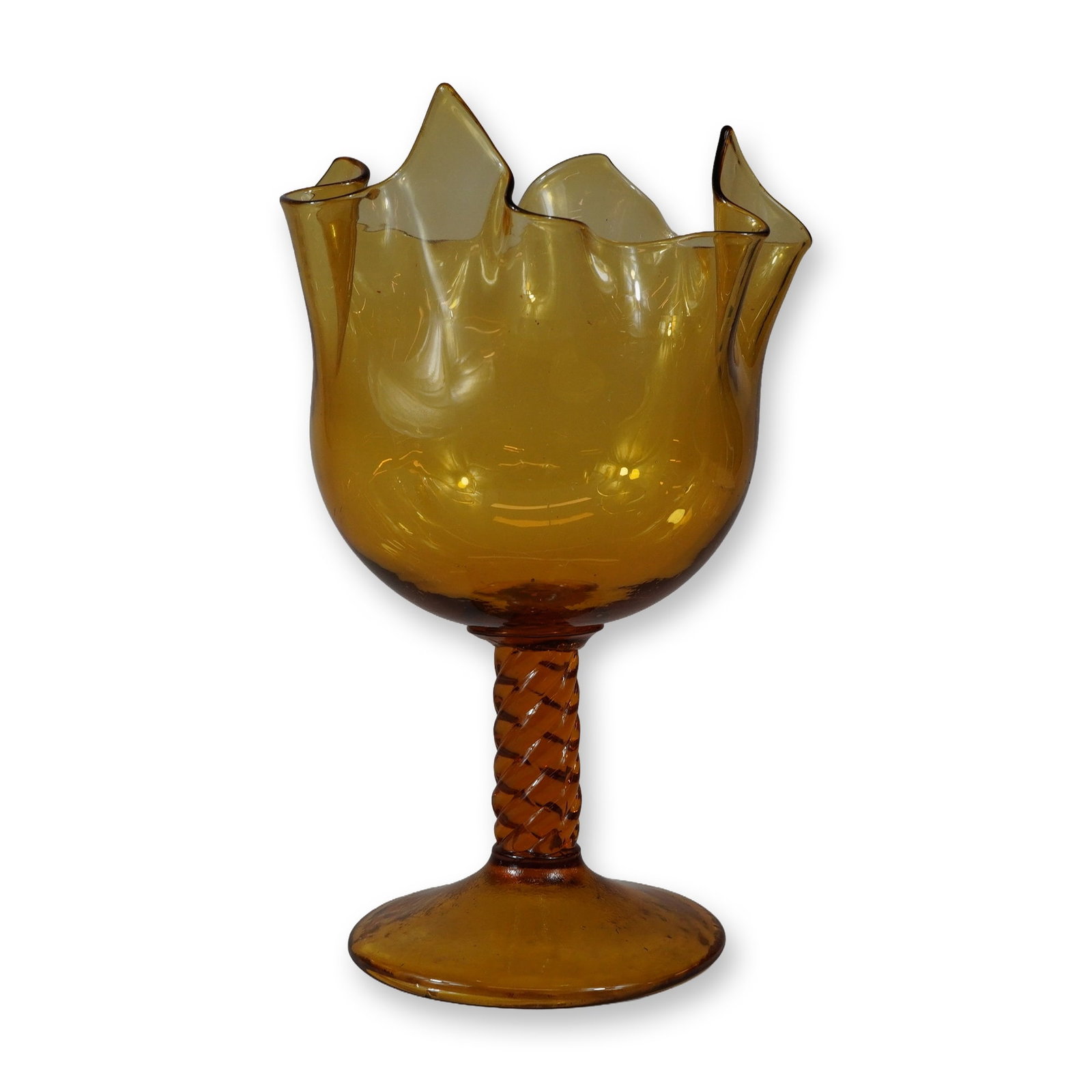 Mid-Century Modern Amber Art Glass Handkerchief Footed Bowl: This hand-blown art glass compote is crafted in a honey-toned amber color. The form features a deep bowl with a dramatically hand-pulled and ruffled rim, resulting in five-pointed peaks in a handkerch