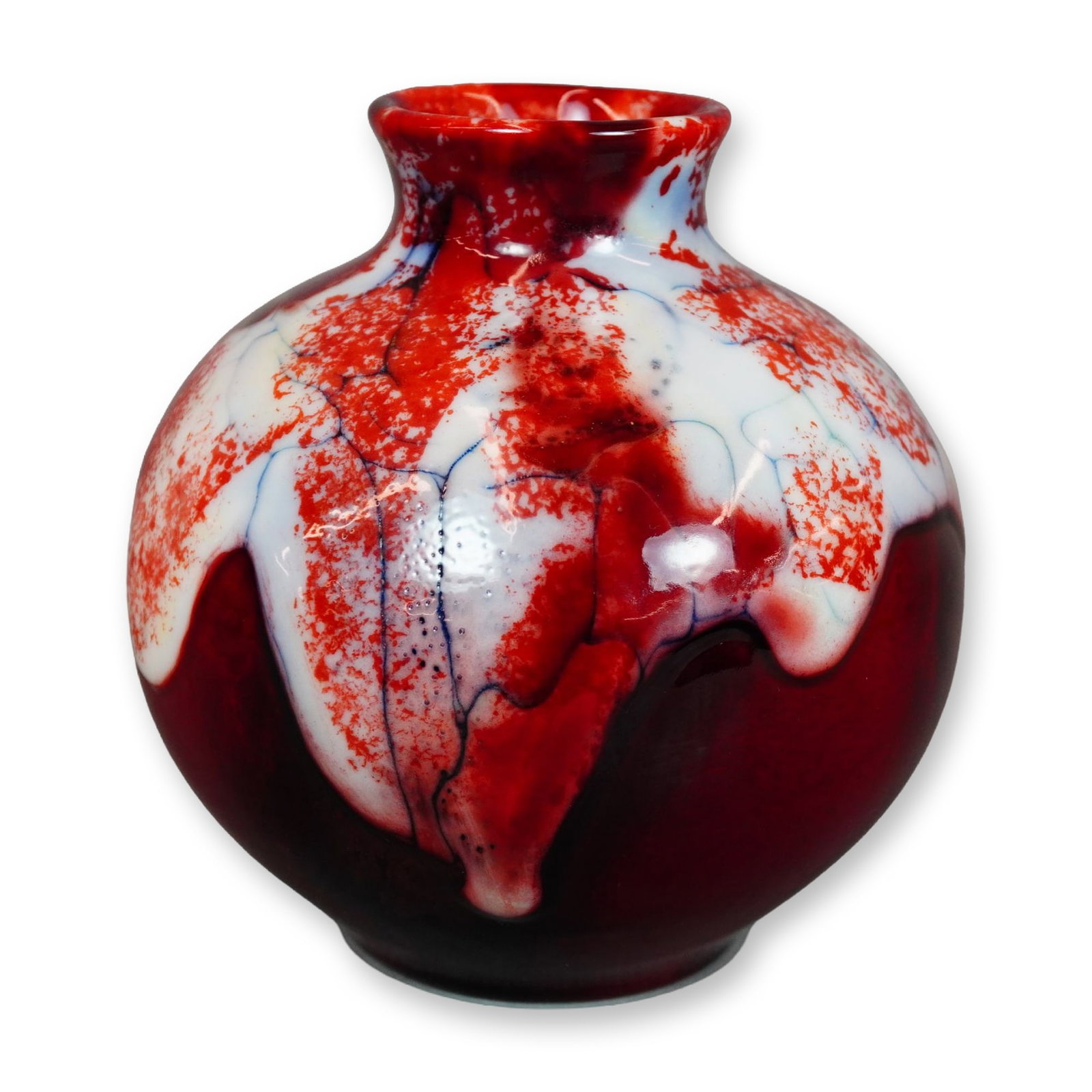 Royal Doulton Archives Lantao Flambe Vase: Royal Doulton Burslem Artwares Lantao ceramic vase, model BA 5. The vessel features a squat globular body with a short flared neck, decorated in a thick cascading white glaze over a rich oxblood red g