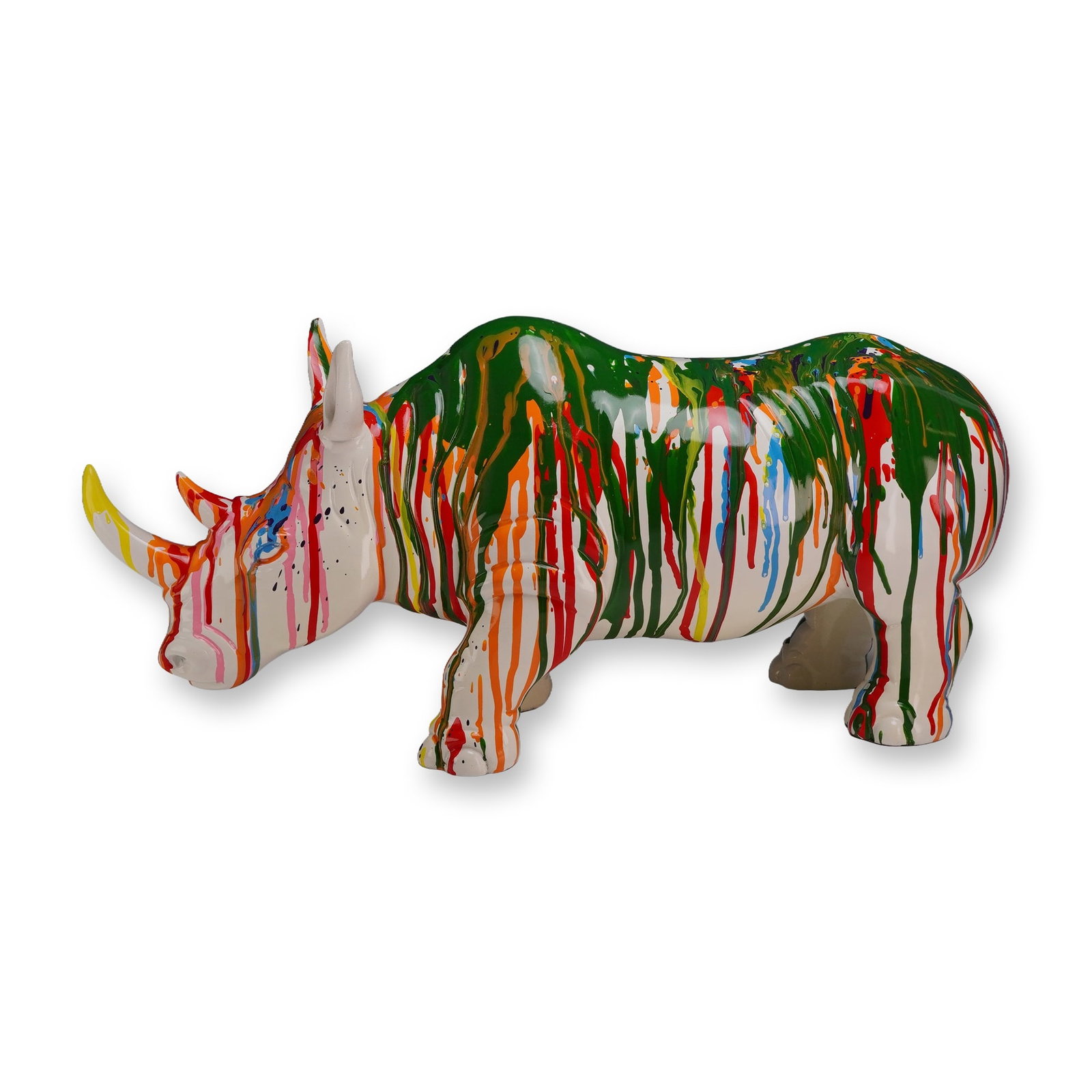 Kare Design Modern Rhino Colore Figurine: Kare Design rhinoceros decorative figurine in the Rhino Colore pattern. Constructed from polyresin with a glossy white finish, the form is decorated with a drip-art motif in green, orange, red, yellow