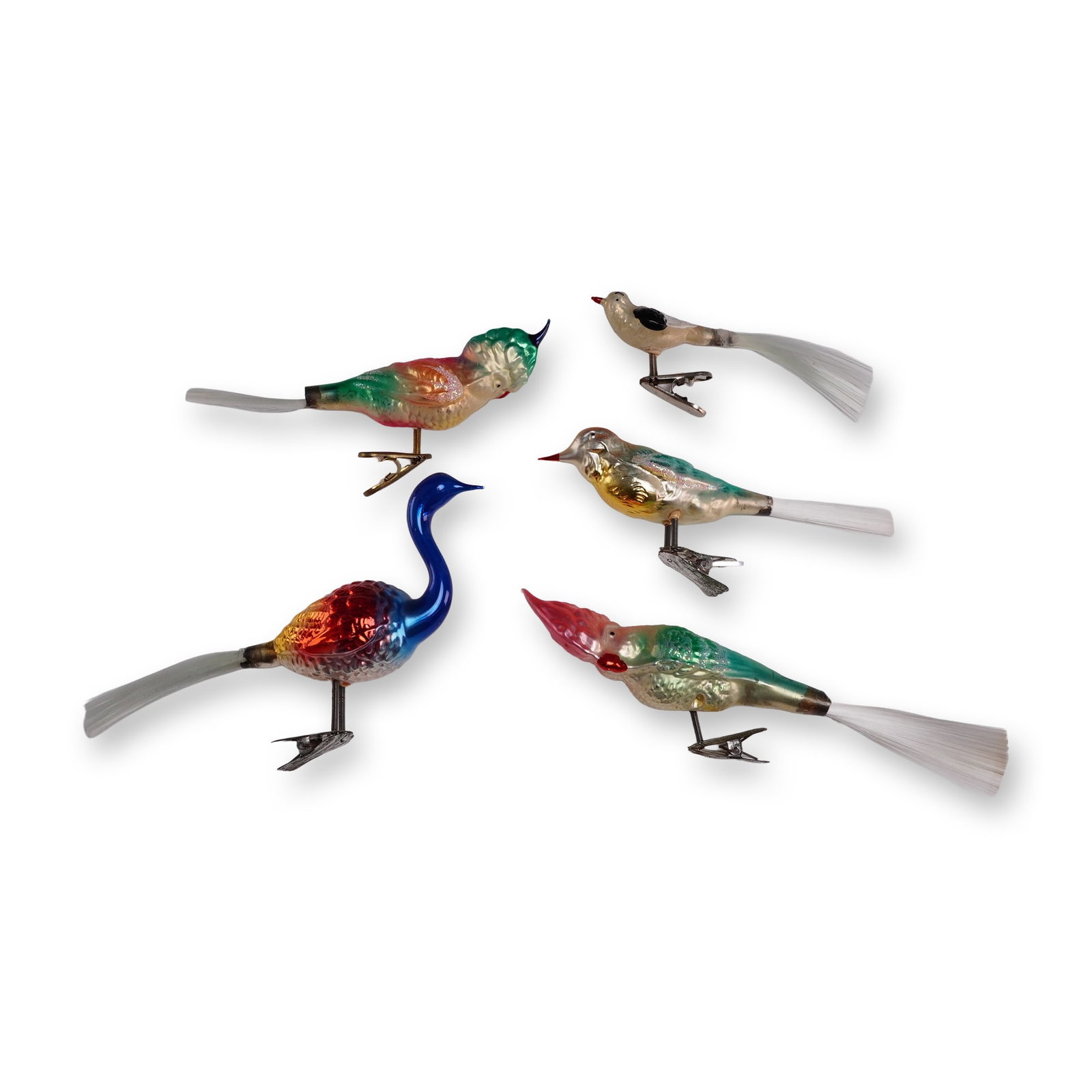 5pc Vintage Clip-On Glass Bird Ornaments: Each figure is crafted from silvered mercury glass with hand-painted polychrome finishes. The set features diverse avian forms, including a long-necked aquatic bird, a crested cockatoo, and three vari