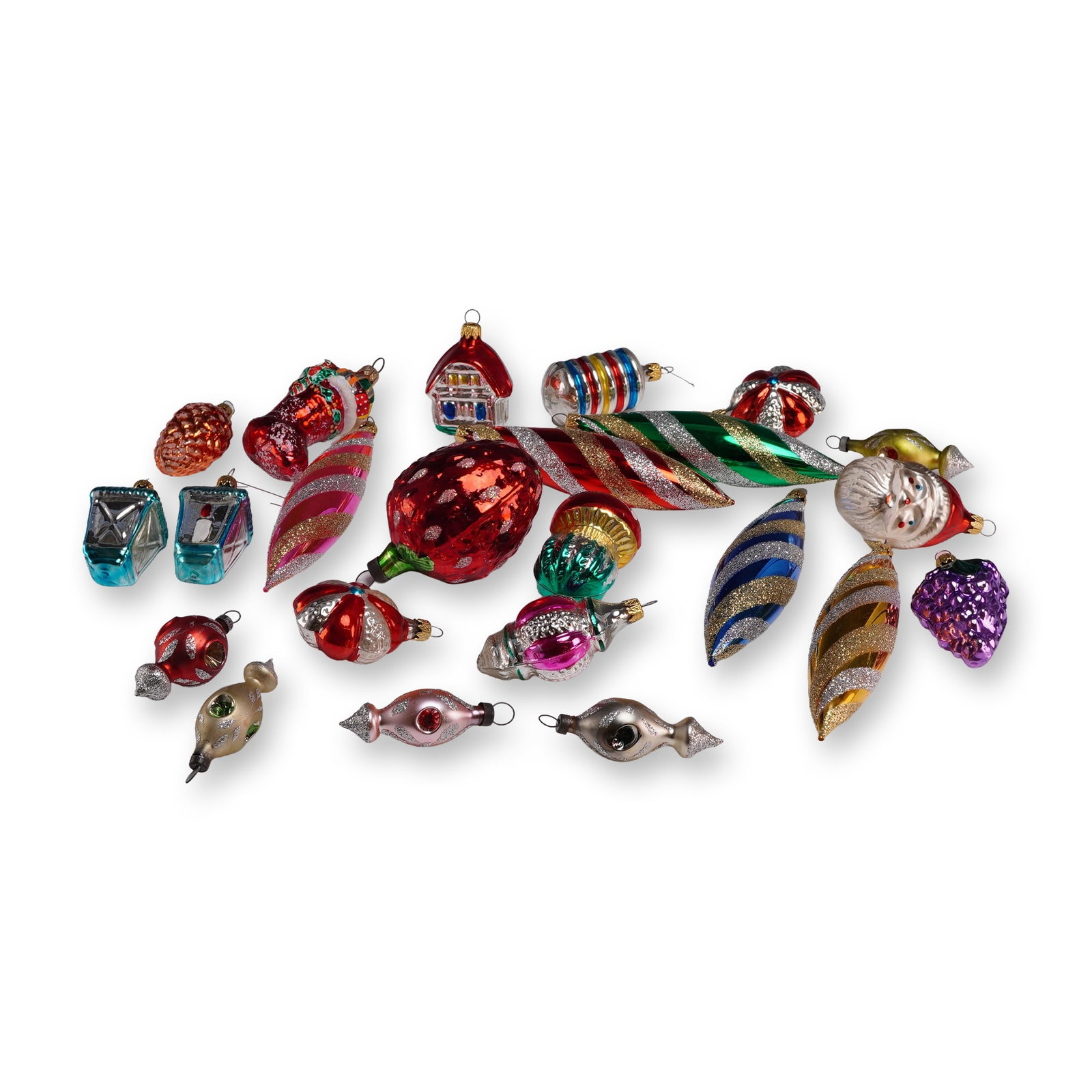 23pc Vintage Blown Glass Christmas Ornaments: Collection blown glass Christmas ornaments in mold-blown mercury glass, featuring hand-painted lacquer finishes and hand-applied mica glitter accents. The assortment includes five elongated spindle or