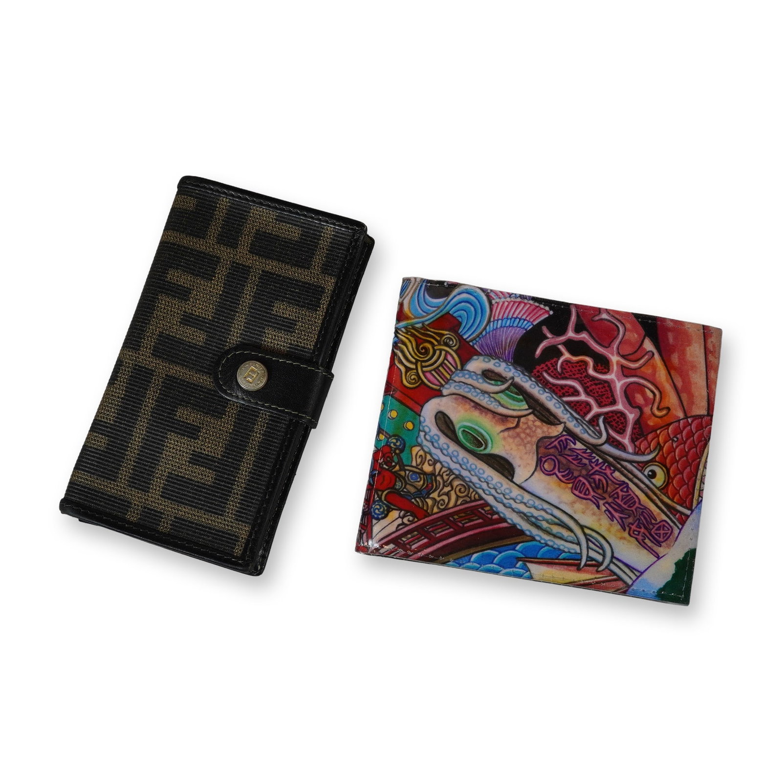 Two Wallets Including Fendi and Poketo: Fendi. Zucca monogram long wallet in tobacco brown canvas with black leather trim and interior. The design features a front flap with a snap closure centered by a circular metal FF logo medallion. Int