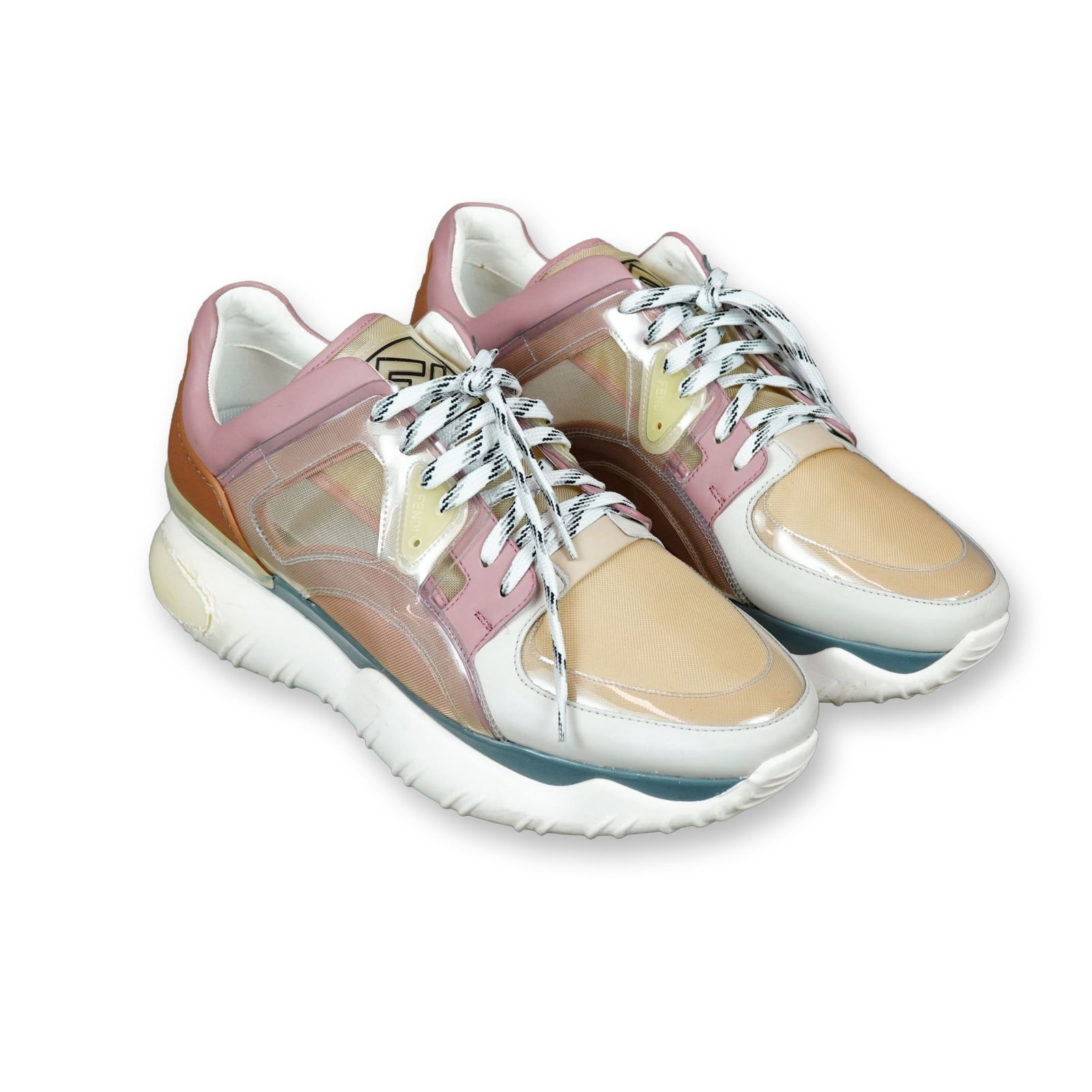 Fendi Fancy FF Logo Mens Leather and Mesh Sneakers: Fendi Fancy low-top chunky sneakers in pink, white, beige, and brown colorway. Constructed with leather trim, mesh textile panels, and transparent TPU overlays, featuring signature FF logo accents and