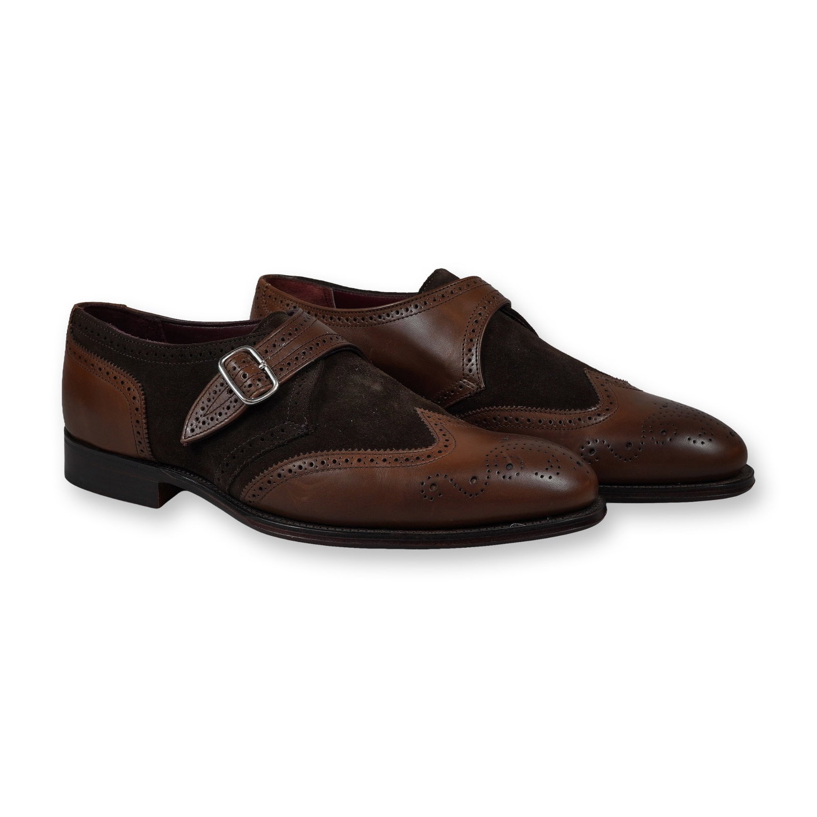 Herring England Philip II Leather and Suede Monk Strap Men's Shoes: Herring, Made in England. Pair of men's Philip II single monk strap spectator shoes in mid-brown calf leather and dark brown suede. The design features wingtip construction with traditional brogue per