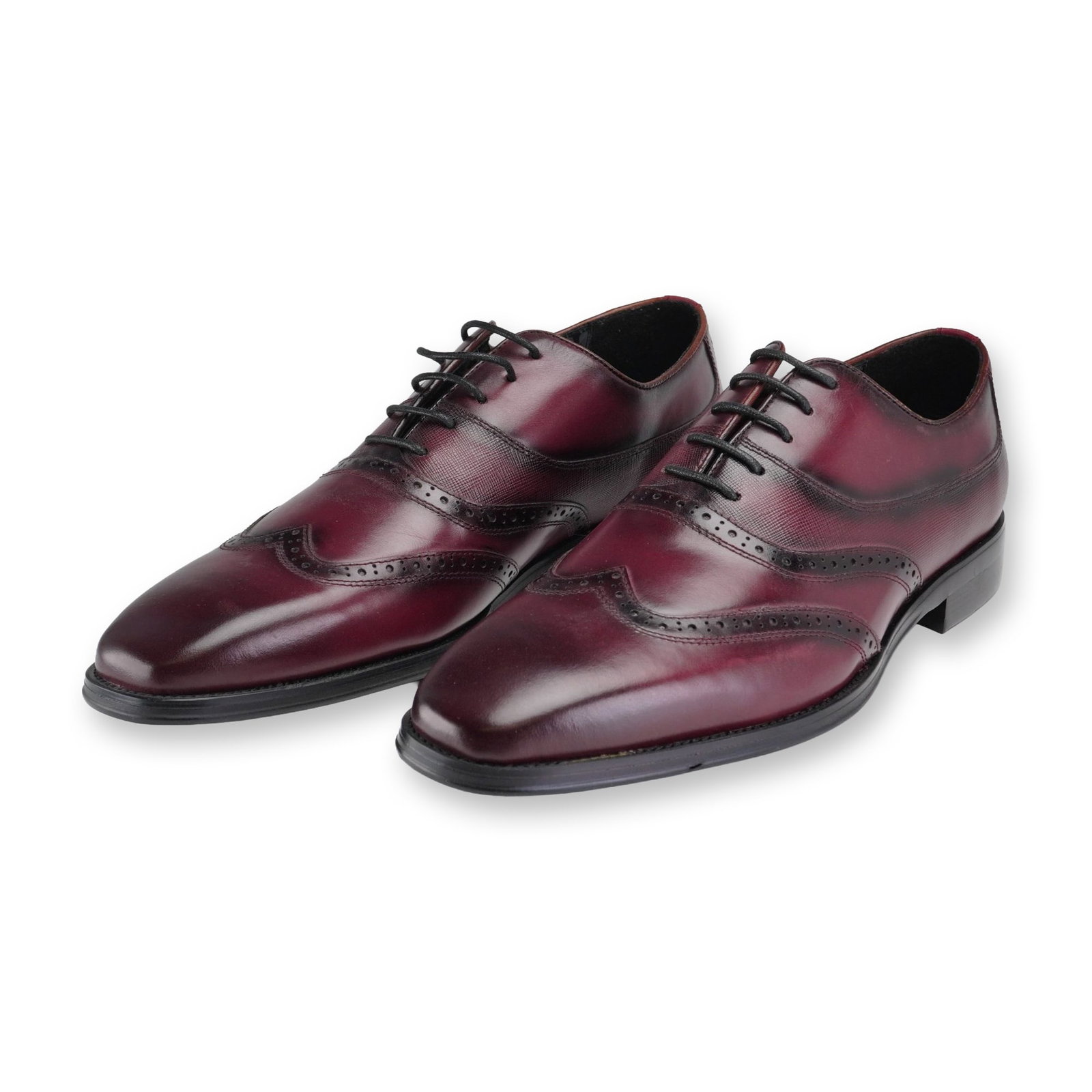 Men's Karl Lagerfeld Paris Burgundy Leather Wingtip Oxfords: Karl Lagerfeld Paris. A pair of men's wingtip oxford dress shoes in burgundy and oxblood leather, style model LF7A4930. Features brogue detailing, black burnished accents, textured leather panels, a l