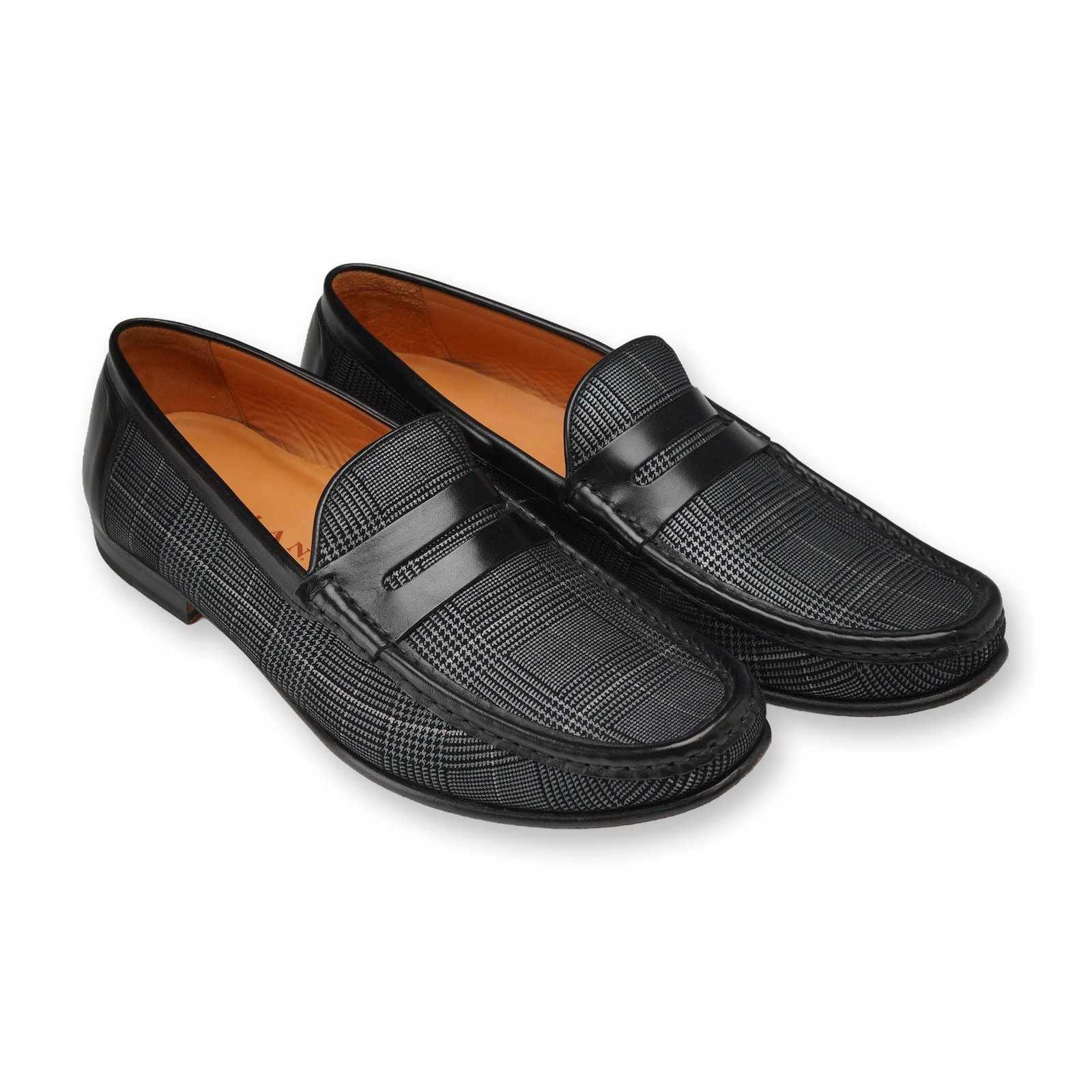 Mezlan Lares I Glen Plaid Penny Loafers: Mezlan Spain. A pair of men's Lares I slip-on penny loafers in size 9M, featuring a mixed-media design with gray and black glen plaid patterned fabric panels and smooth black leather trim. Constructed