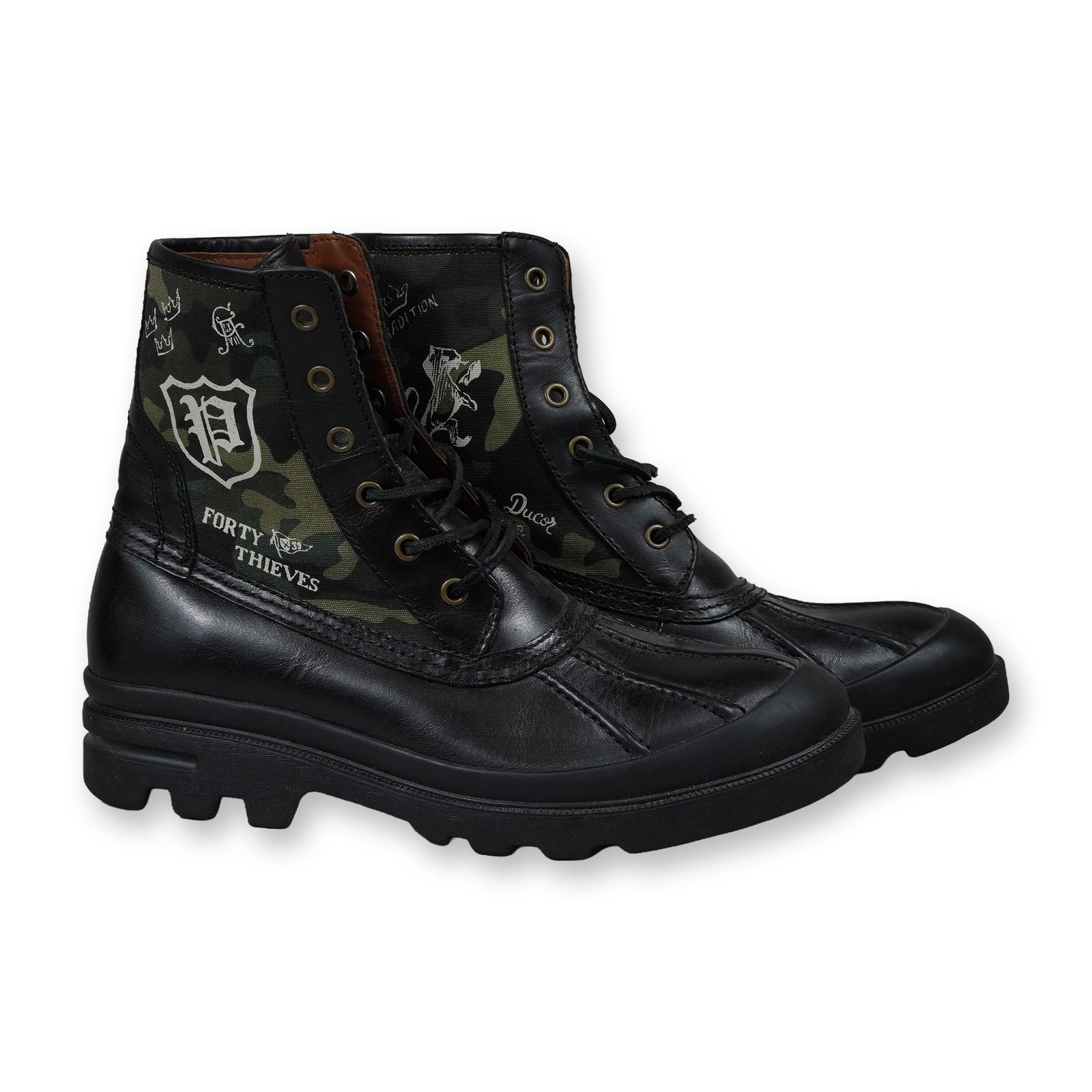 Polo Ralph Lauren Men's Udel Black and Camo Duck Boots: Polo Ralph Lauren. Men's lace-up hybrid duck-style boots, model Udel. The design features a heavy black leather lower section with a reinforced toe and a woodland camouflage-patterned fabric upper. Th