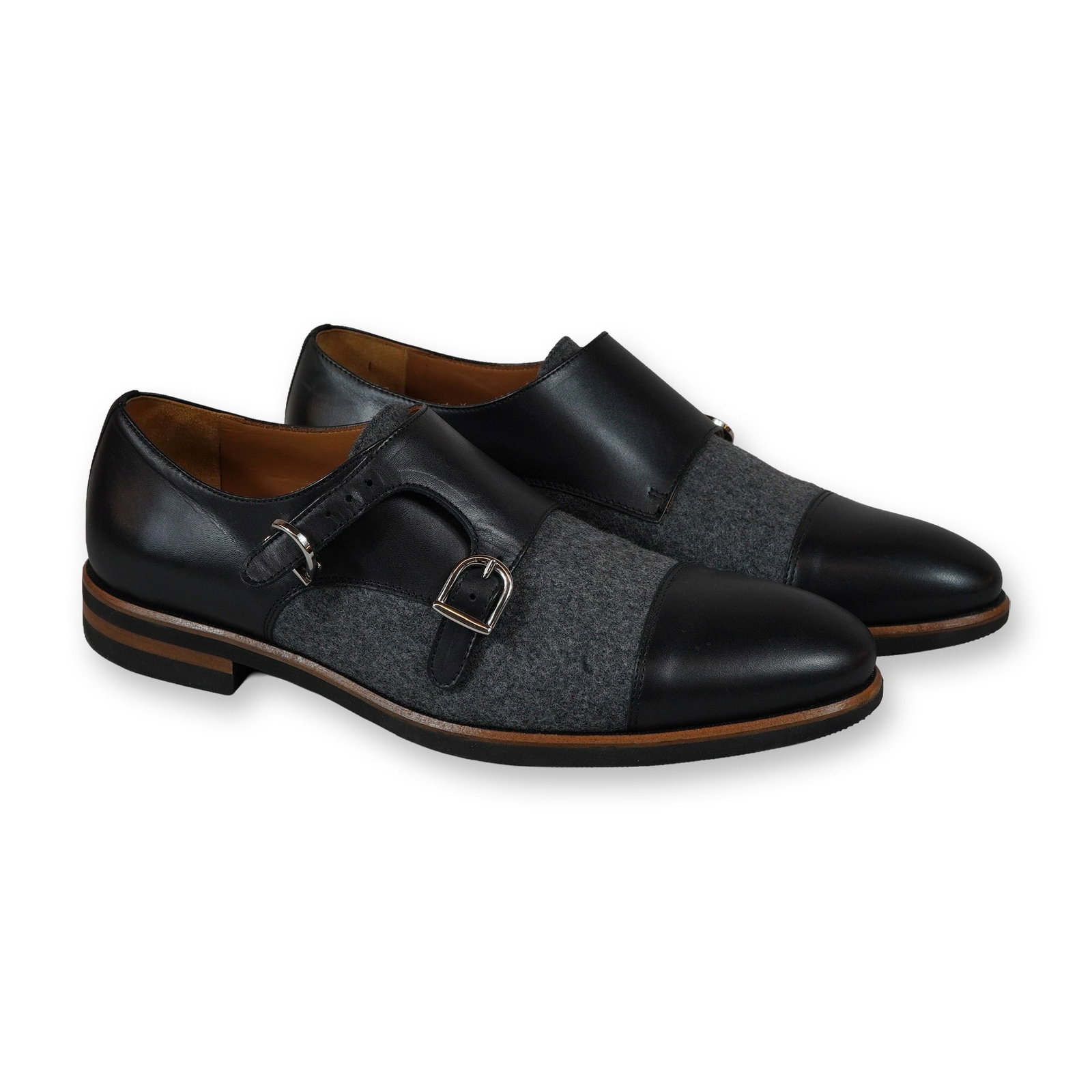 Taft Black Leather and Gray Tweed Double Monk Strap Shoes: Pair of Taft double monk strap dress shoes, handcrafted in Spain, men's size 42 (US 9). Constructed with black leather and gray tweed fabric uppers featuring brown accents. The design includes a cap-t
