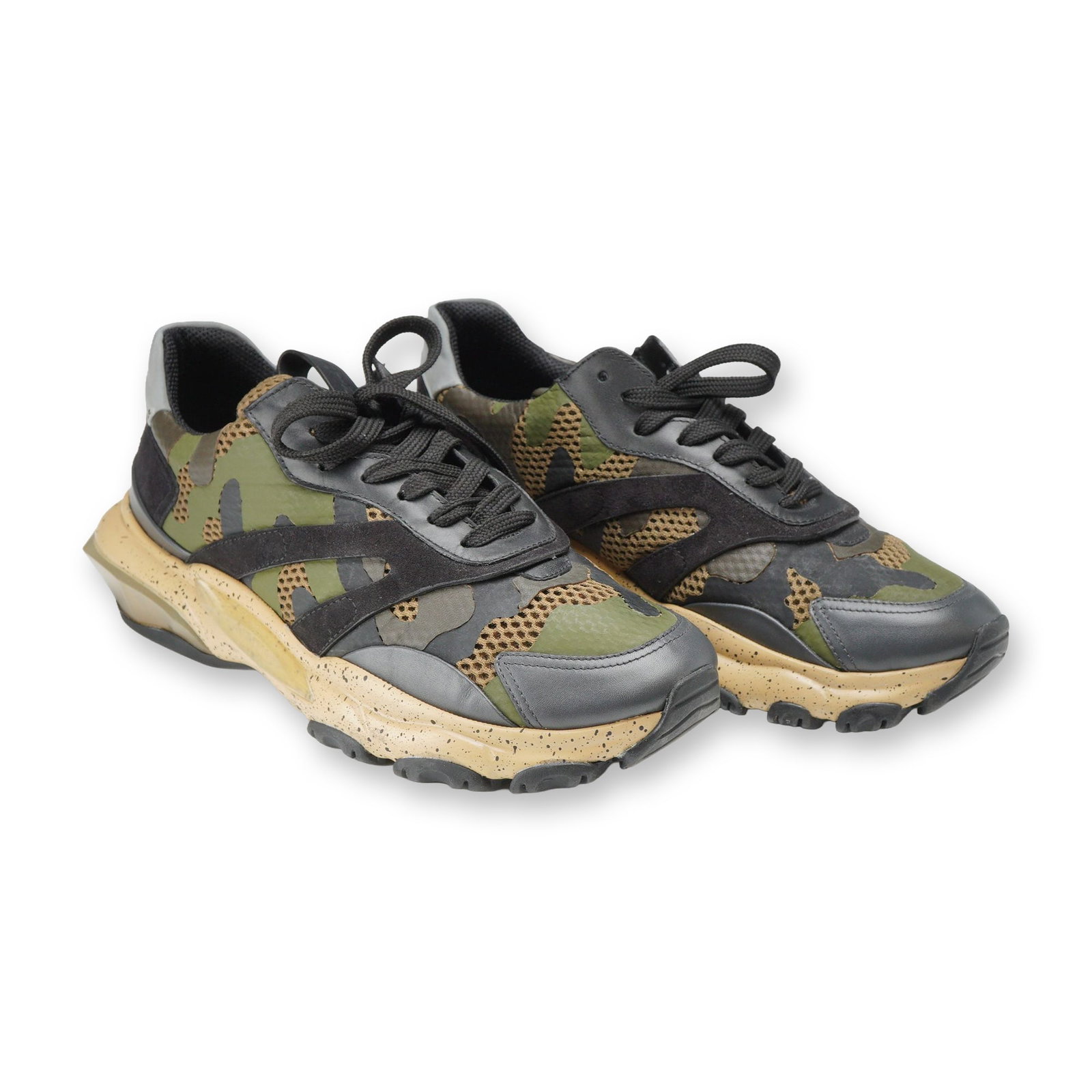 Valentina Garavani Camouflage Bounce Sneakers Size 42: A pair of Valentina Garavani Camouflage Bounce low-top sneakers in a multi-texture combination of camouflage-printed fabric, black mesh, grey leather, and black suede overlays. Featuring a lace-up clo