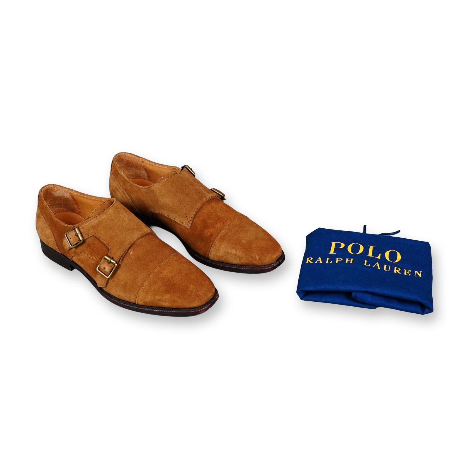 A Pair of Polo Ralph Lauren Ardenall Suede Monk Strap Shoes: Polo Ralph Lauren Ardenall double monk strap cap-toe dress shoes in tan suede. Constructed with a suede upper and 100 percent leather lining. Features a classic cap-toe profile and double brass-tone b