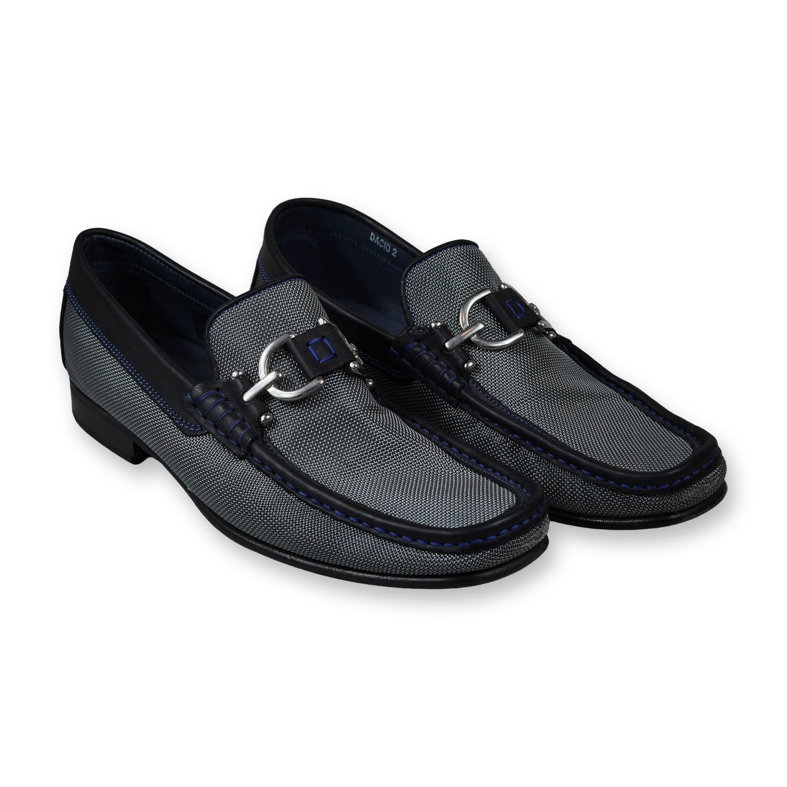 Pair of Donald Pliner Dacio 2 Woven Loafers: This pair of Donald Pliner Dacio 2 bit loafers is made in Italy and features a grey and black woven fabric upper with black leather trim and blue contrast stitching. The design includes a silver-tone 