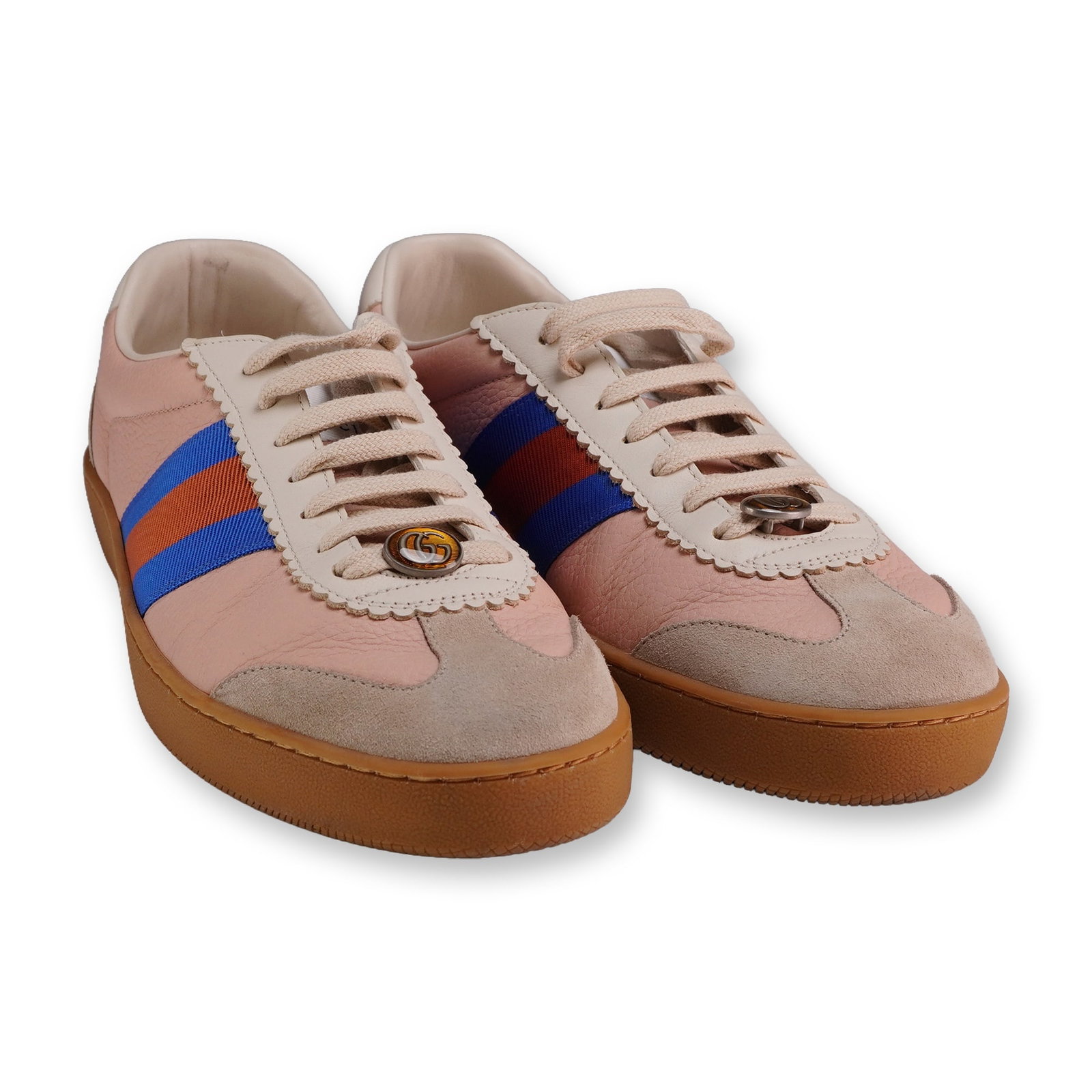 Pair of Gucci G74 Web Low Pink Oatmeal Men's Sneakers: G74 Web low-top sneakers in pink pebbled leather and oatmeal suede. The design features a scalloped leather eyestay, cream laces with antiqued gold-tone interlocking GG metal hardware, and signature b
