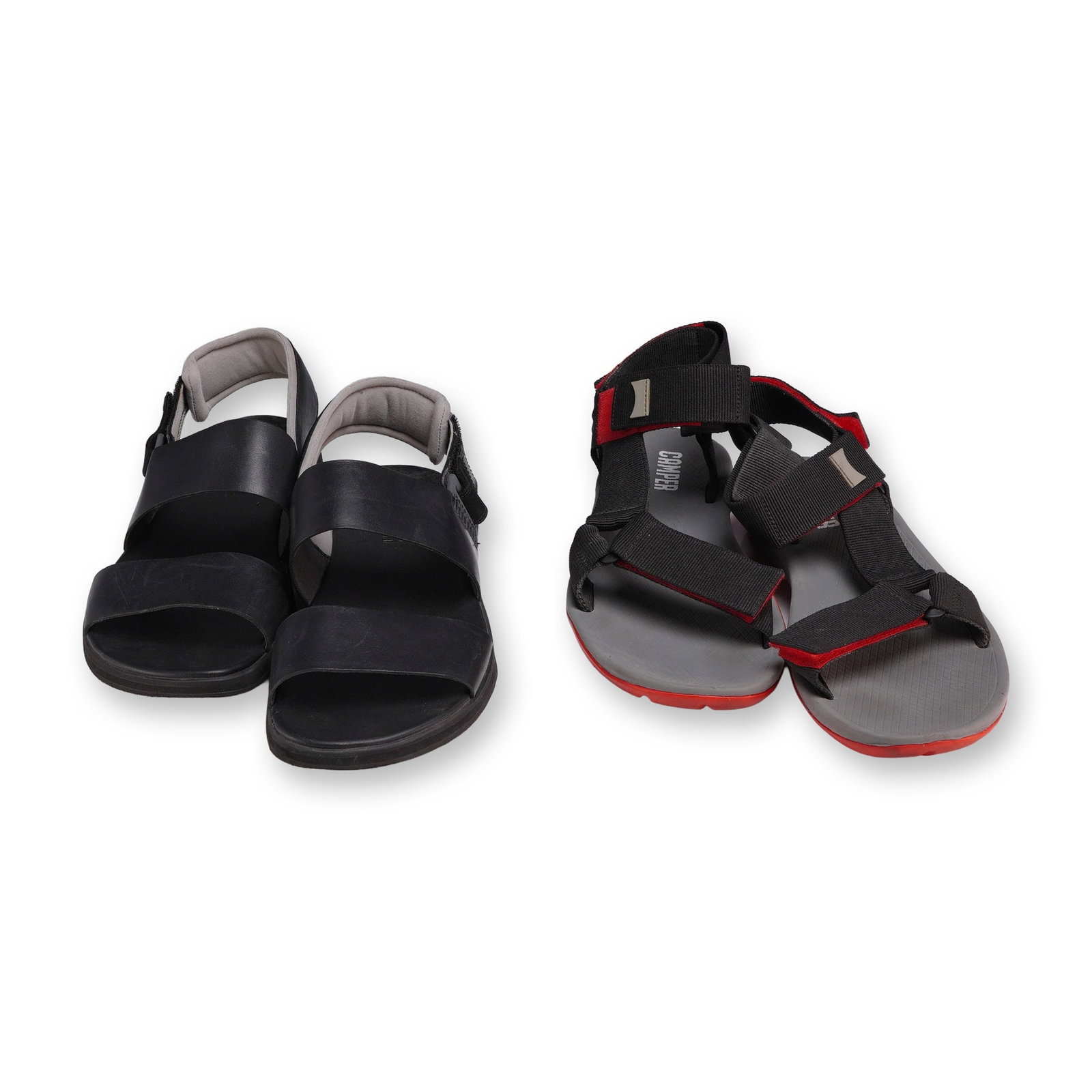 Two Pairs of Men's Camper Sandals: Camper. Two pairs of men's sandals featuring the brand's signature blend of modern design and everyday comfort. The first pair is a sporty T-strap Match style sandal in black, red, and gray, size EU 4