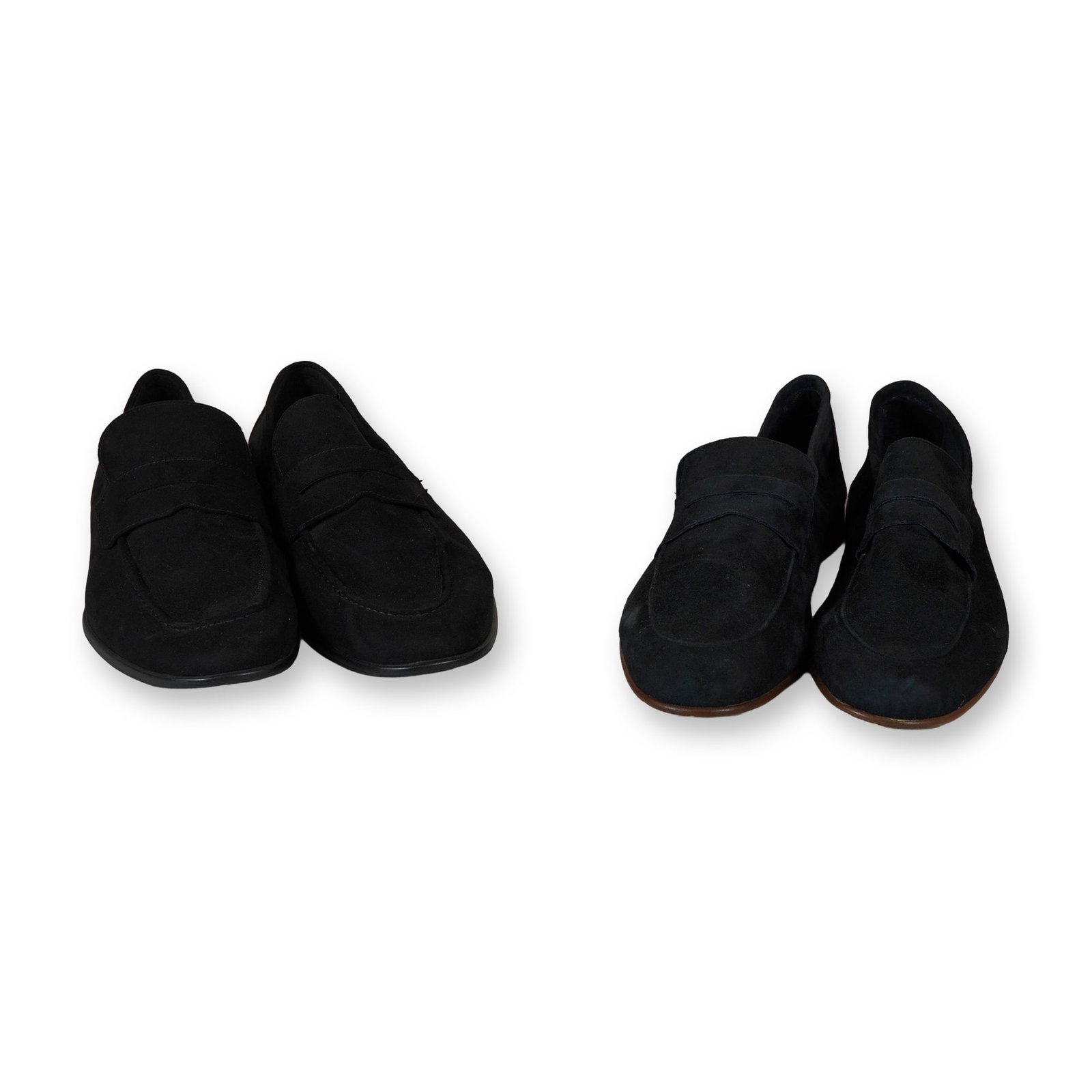 Two Pairs of Men's Size 9 Black Loafers: Saks Fifth Avenue and H&M. Two pairs of men's suede penny loafers. The Saks Fifth Avenue pair is crafted in Italy from dark navy suede with tapered toes and leather outsoles featuring stacked heels an