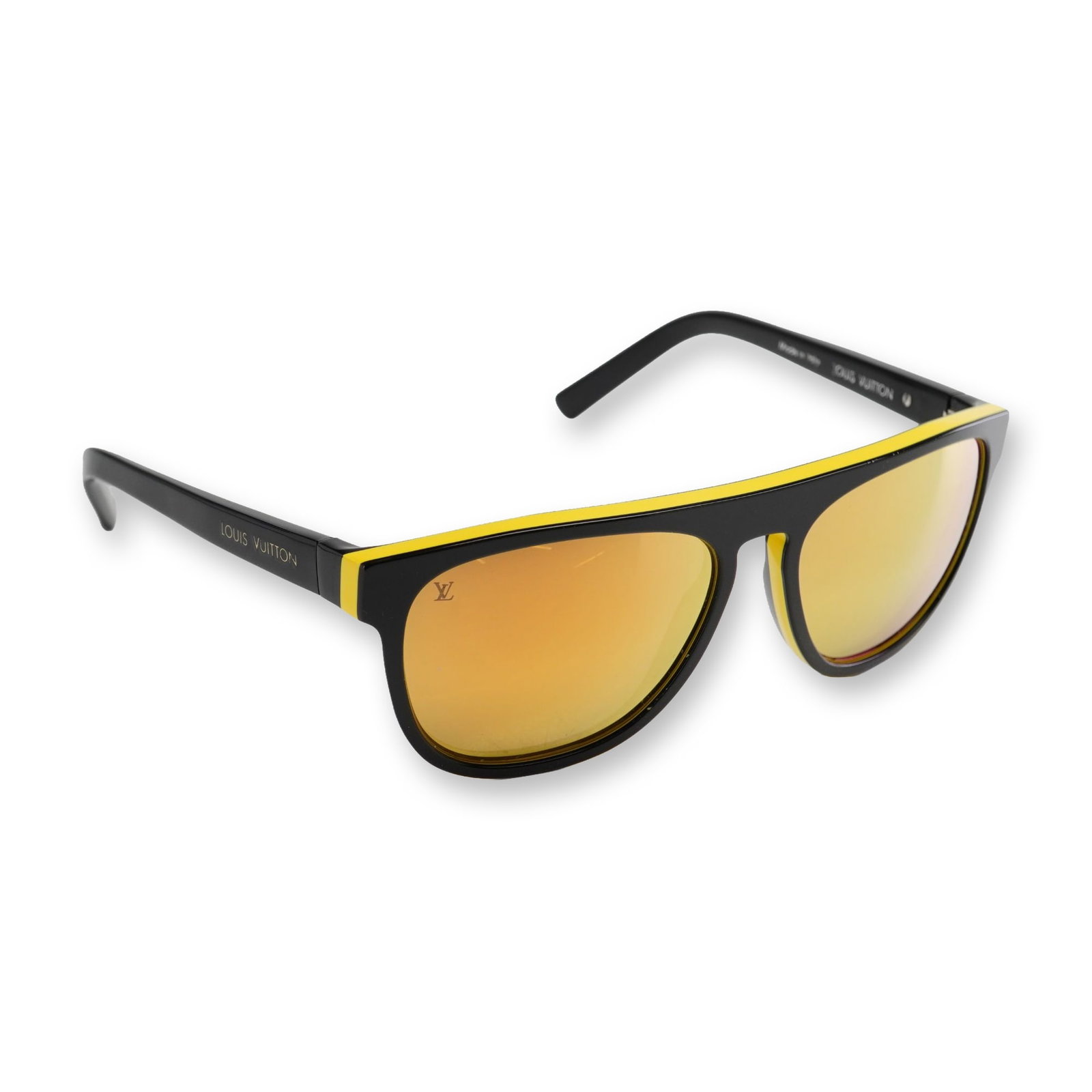 Louis Vuitton Z0794W Flat Top Sunglasses with Case: Louis Vuitton Mascot flat-top sporty sunglasses in black and yellow acetate, featuring orange and gold-toned mirrored lenses. Designed with a black acetate frame highlighted by a contrasting yellow ac