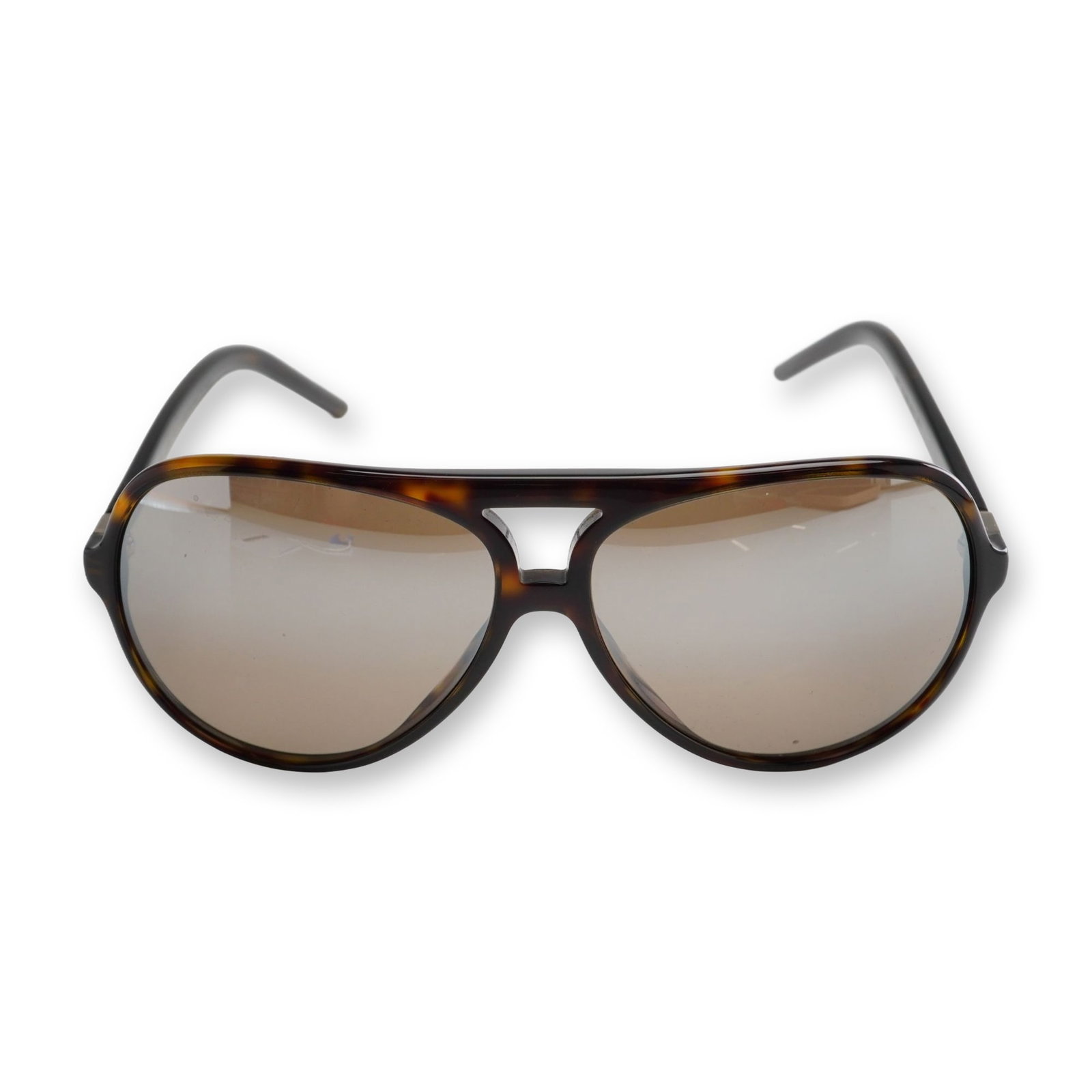 Marc by Marc Jacobs Tortoiseshell Aviator Sunglasses with Case: Marc Jacobs aviator sunglasses, model MARC 70/S, featuring tortoiseshell acetate frames and brownish-gray gradient lenses with a light silver mirror finish. Designed with a double bridge and gold-tone