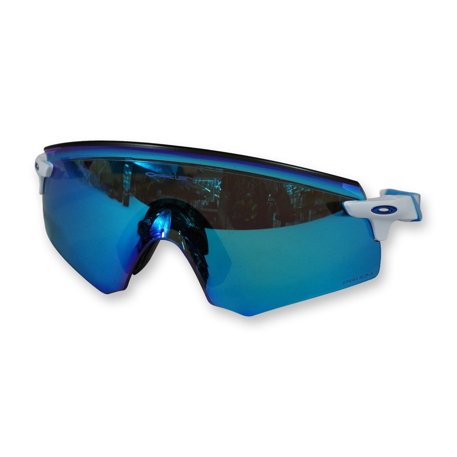 Oakley Polished White Encoder Prizm Sunglasses: Oakley Encoder performance sports sunglasses, model OO9471-0536 123, featuring a polished white frameless wraparound shield design. The eyewear is constructed with white composite temples and blue tex