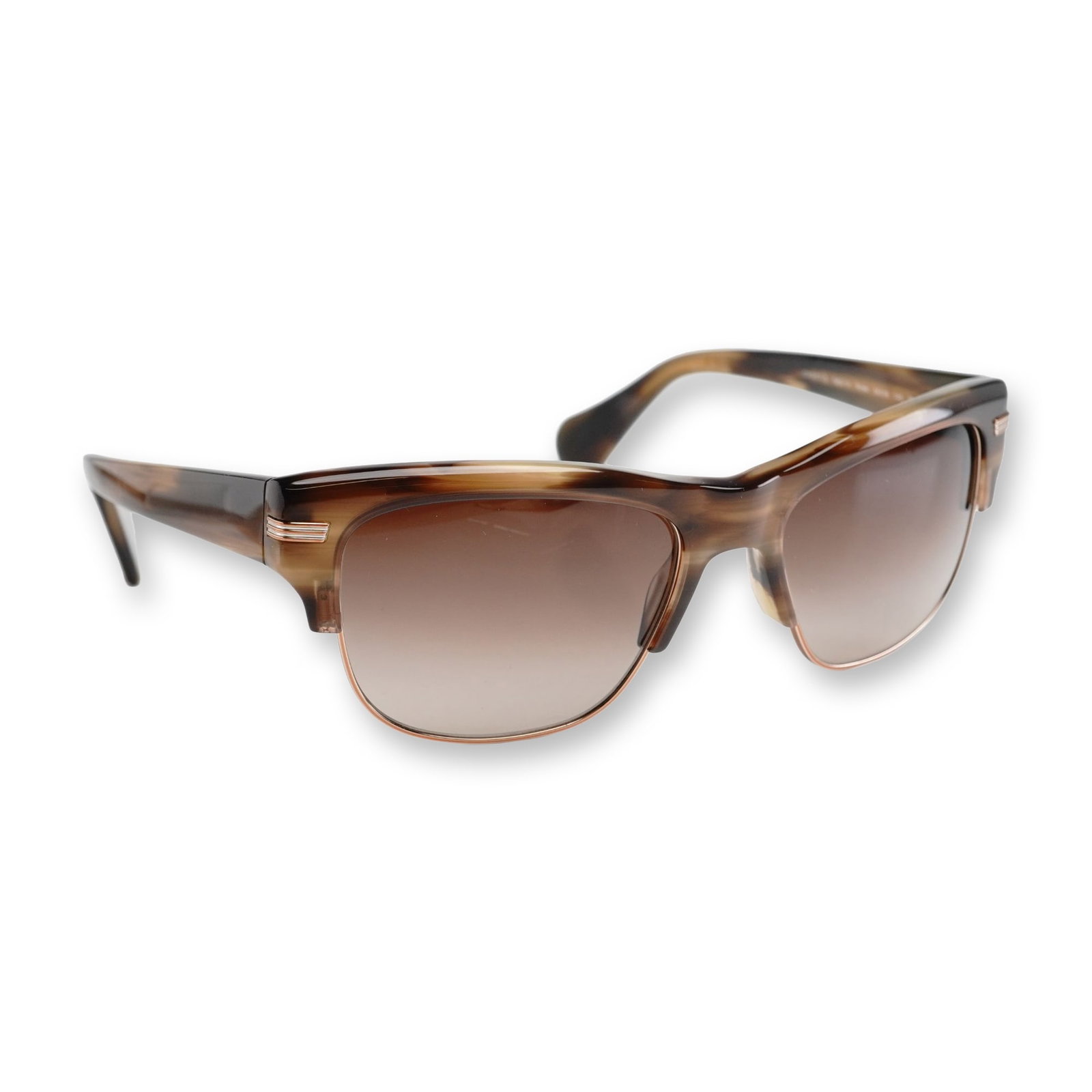 Oliver Peoples Wilder Tortoiseshell Sunglasses with Case: Oliver Peoples Wilder sunglasses, model number OV 5157-S in colorway 1082/13, featuring a striated horn and tortoiseshell-effect brown and beige gradient acetate frame. The semi-rimless clubmaster des
