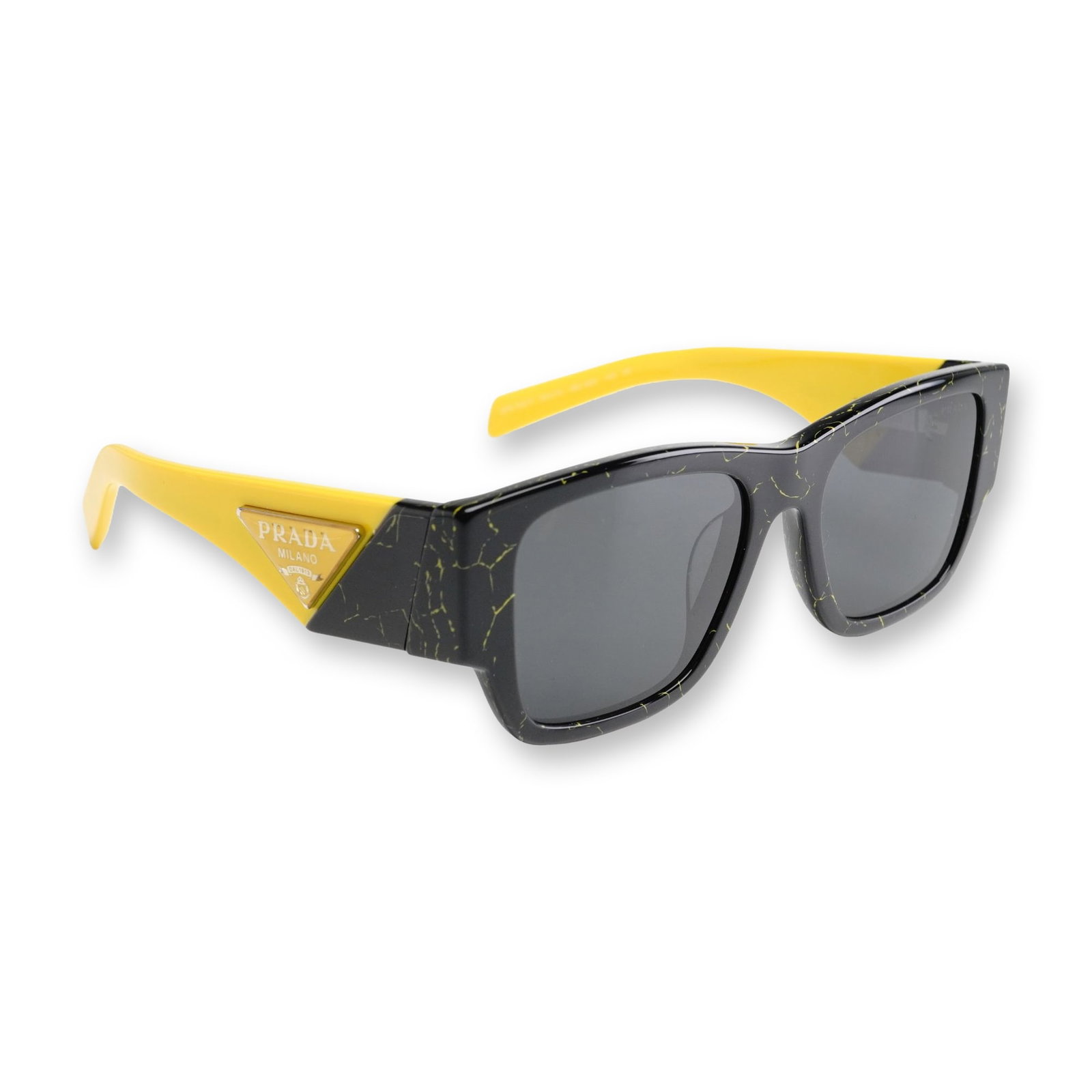 Prada SPR 10Z-F Marble Acetate Sunglasses with Case: Prada rectangular full-rim sunglasses in black and yellow marbled acetate, with matching solid yellow temples and dark gray lenses. Both temples feature a gold-tone triangular metal plaque marked Prad