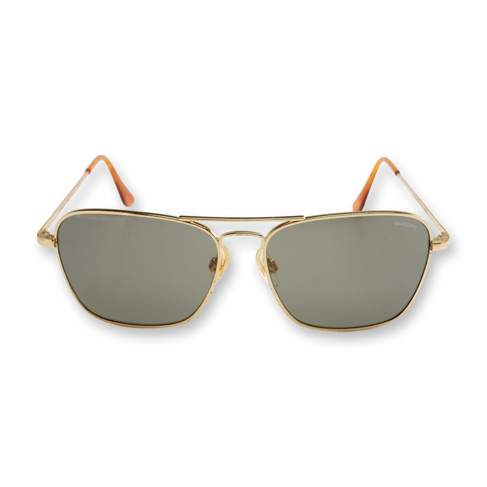 Randolph Engineering Intruder 23k Gold-Plated Sunglasses with Case: Randolph Engineering Intruder navigator-style sunglasses featuring a 23k gold-plated metal frame with a double nose bridge, adjustable nose pads, and skull temples with amber tortoise plastic tips. Th