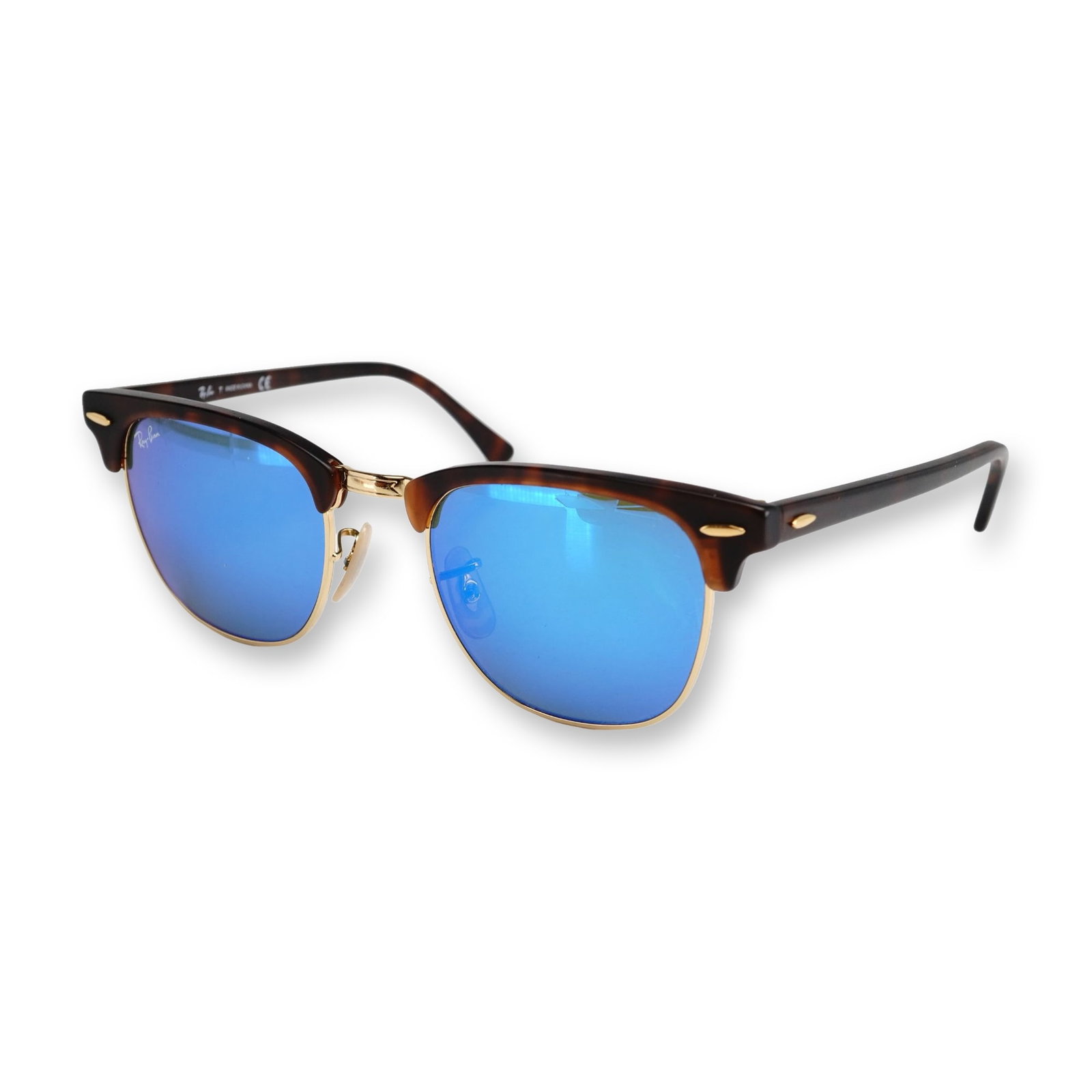 Ray-Ban Clubmaster Flash Lenses Sunglasses with Case: Ray-Ban Clubmaster classic RB 3016 sunglasses featuring a Havana tortoiseshell acetate browline and temples, paired with gold-tone metal lower rims and a ribbed bridge. The sunglasses are fitted with 