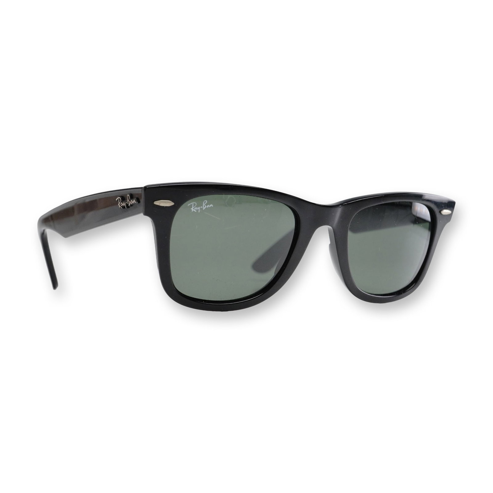 Ray-Ban Original Wayfarer Black Sunglasses with Case: Ray-Ban Original Wayfarer sunglasses, model RB2140, in polished black acetate with green G-15 glass lenses. The frame features signature silver-tone metal oval rivets on the front endpieces, raised me