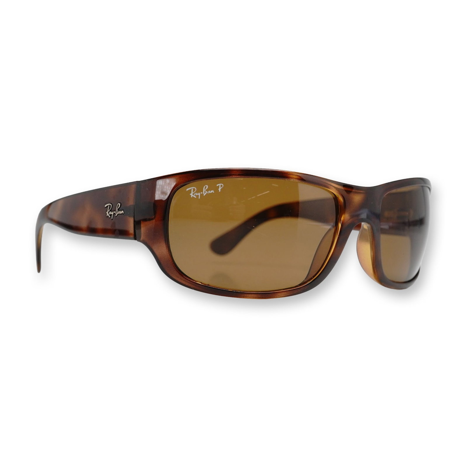 Ray-Ban RB4075 Polarized Havana Sunglasses with Case: Ray-Ban. Polarized sunglasses, model RB4075, in tortoiseshell-patterned acetate with brown polarized lenses. The wearer's right lens features the printed white script logo Ray-Ban P, and both outer te