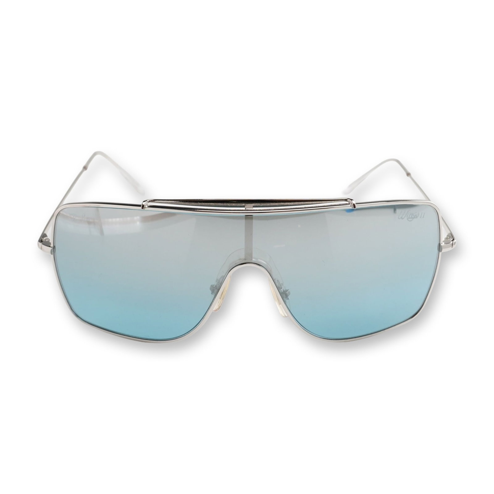 Ray-Ban Wings II Shield Sunglasses with Case: Ray-Ban Wings II shield sunglasses, model RB 3697. Featuring a single-piece non-polarized shield lens in a light blue-to-silver gradient mirror finish, set in a thin silver-tone metal frame with a fla