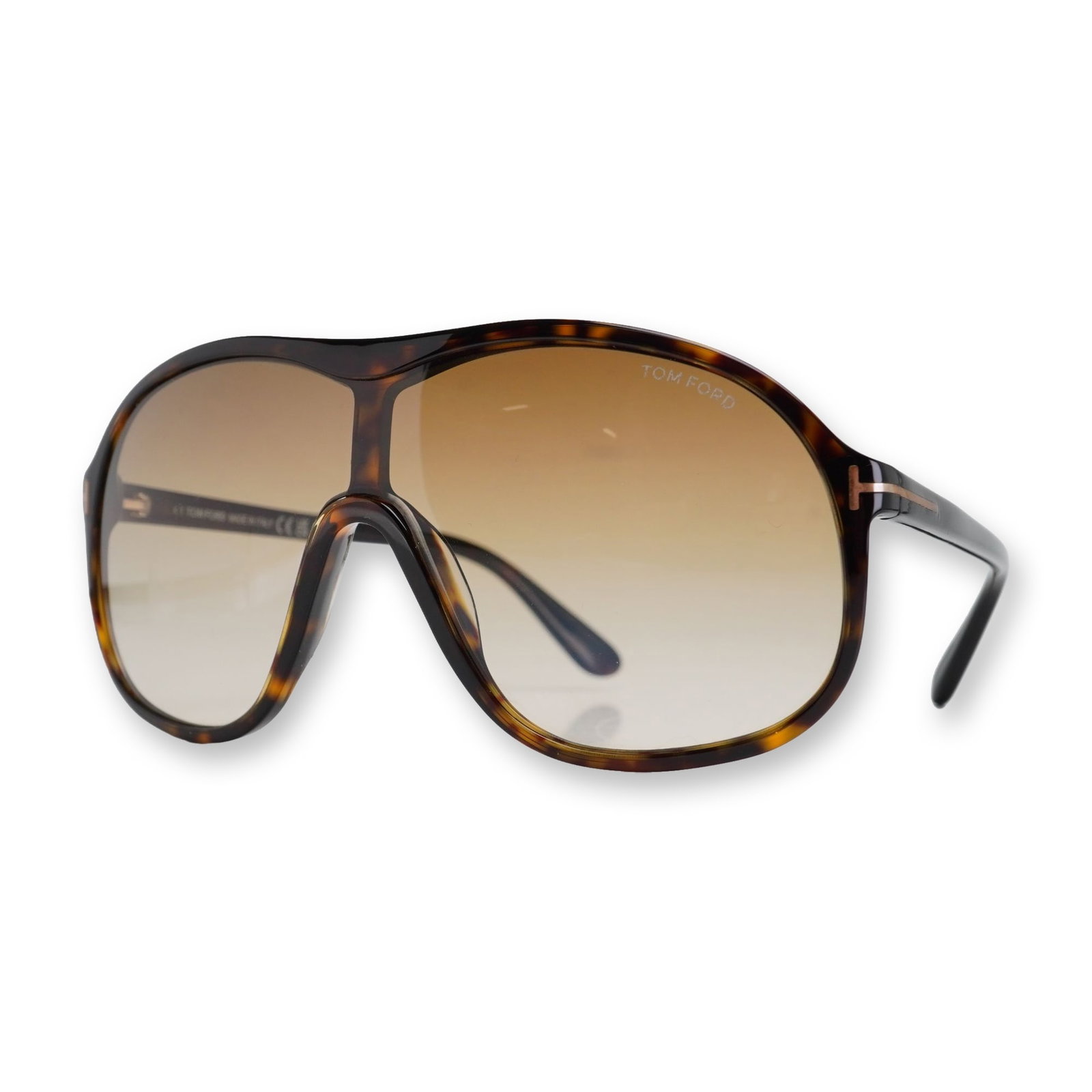 Tom Ford Drew Tortoiseshell Pilot Sunglasses with Case: Tom Ford Drew sunglasses, model TF964, in dark Havana tortoiseshell acetate. Features an oversized aviator pilot style frame with brown gradient lenses. Styled with signature gold-tone metal T inserts