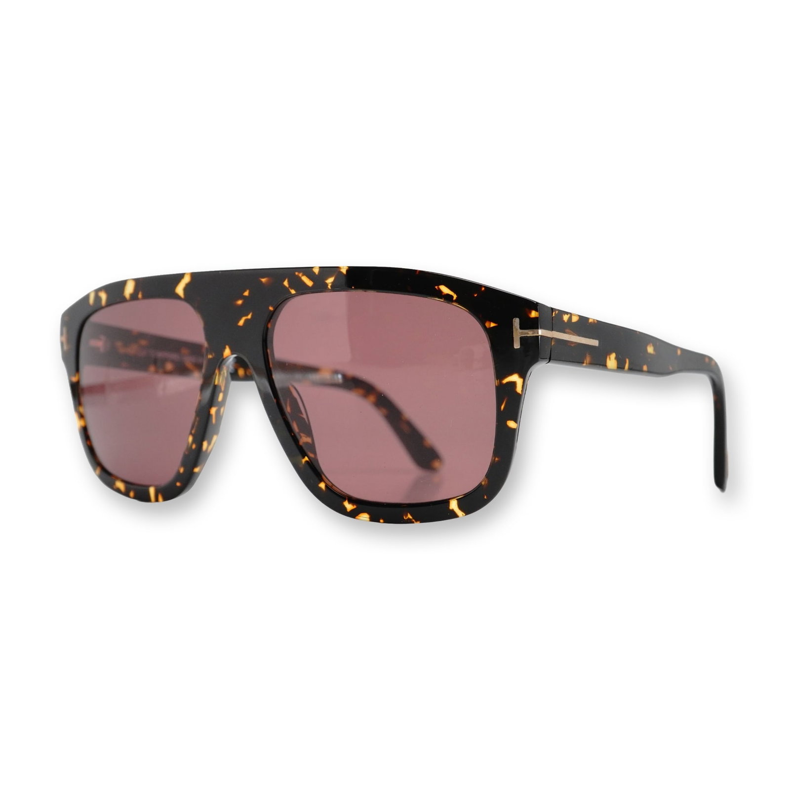 Tom Ford Thor TF777 Tortoiseshell Sunglasses with Case: Tom Ford sunglasses, model Thor TF777 52S, featuring flat-top shield-style tortoiseshell acetate frames in dark brown and amber tones, fitted with plum-colored lenses. Designed with gold-tone metal T-