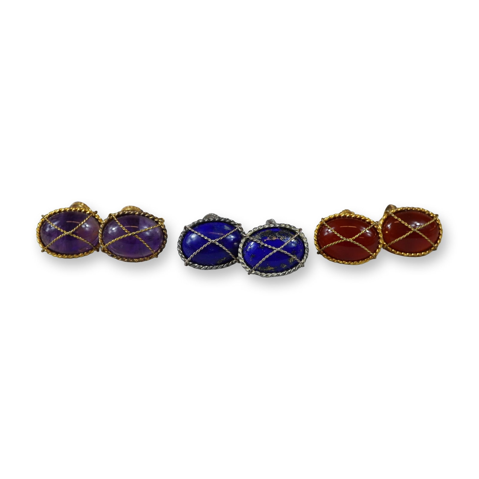 6pc Gemstone Plated Metal Cufflinks: This group includes three matched pairs of cufflinks featuring oval cabochon gemstones set within twisted wire frames. Each gemstone is overlaid with a twisted wire cross-hatched motif. The collection