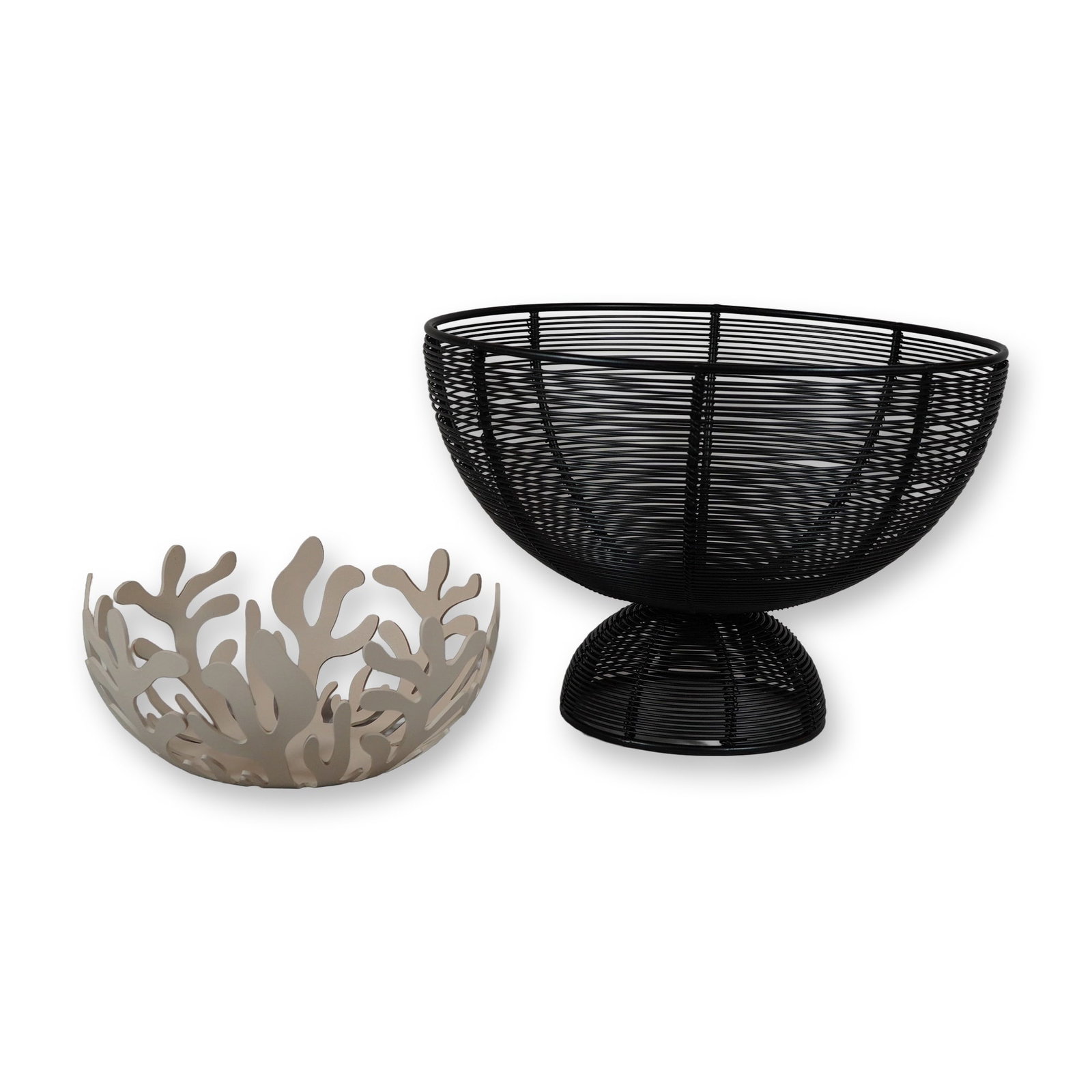 Two Alessi and Wire Fruit Bowls: Two contemporary metal fruit bowls. The first is an Alessi Mediterraneo bowl designed by Emma Silvestris in collaboration with the Laura Polinoro Workshop (LPWK), featuring a laser-cut coral motif in 